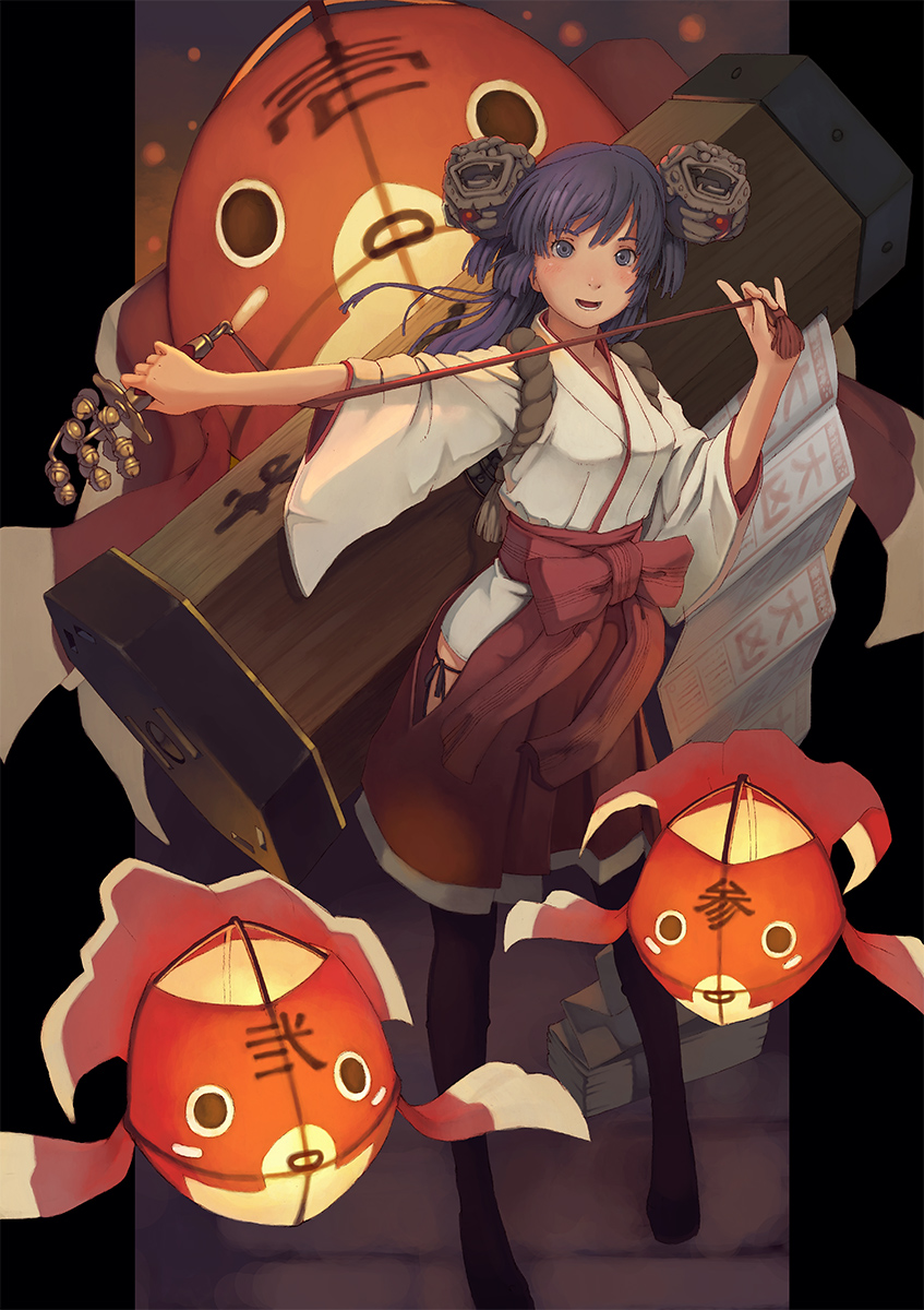 mars (artist), shizuma yoshinori, original, highres, 1girl, bell, female focus, fish, goldfish, hakama, hakama short skirt, hakama skirt, japanese clothes, jingle bell, kagura suzu, long hair, miko, purple eyes, purple hair, red hakama, skirt, solo