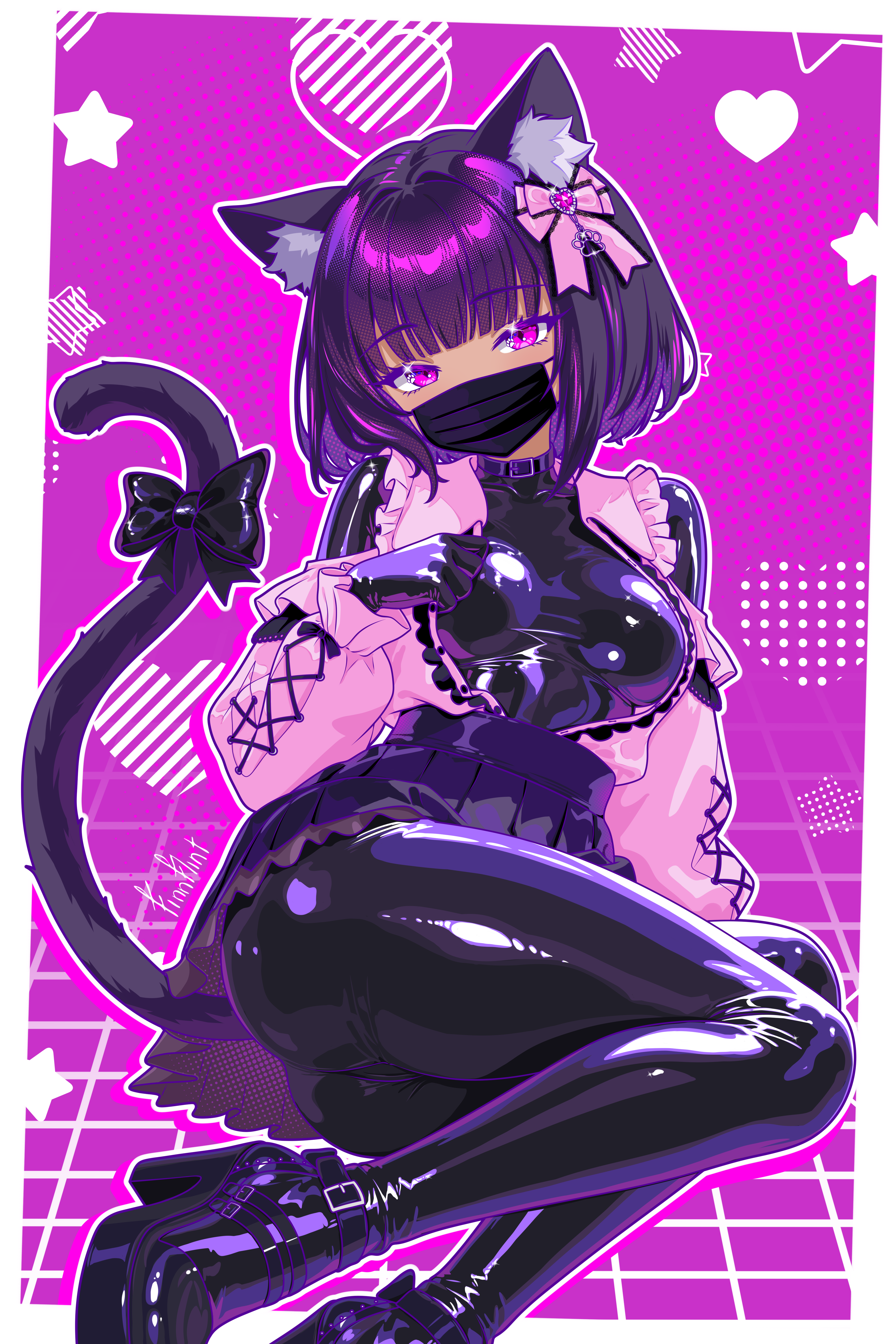finn flint, finn flint (vtuber), original, absurdres, highres, 1girl, animal ear fluff, animal ears, ass, black collar, black hair, black mask, bodysuit, bow, breasts, cat ears, cat girl, cat tail, collar, dark-skinned female, dark skin, frilled shirt collar, frills, full body, hair bow, heart, high heels, jirai kei, latex, latex bodysuit, looking at viewer, mask, medium breasts, mouth mask, on floor, platform heels, purple background, purple eyes, shiny clothes, short hair, signature, sitting, skirt, solo, star (symbol), tail, thighs