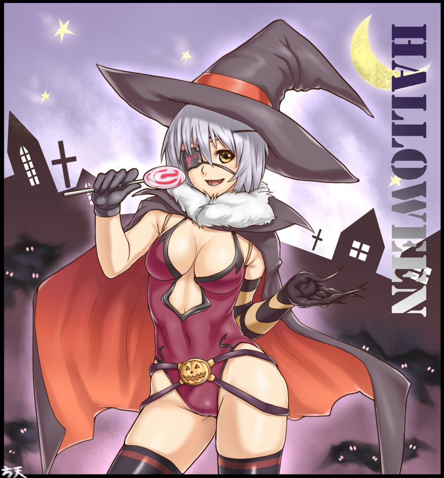 houtengeki, original, silver hair, striped, 1girl, breasts, candy, cape, cleavage, covered navel, elbow gloves, eyepatch, fang, female focus, food, gloves, halloween, hat, hou takashi ji, lollipop, medium breasts, open mouth, short hair, skindentation, solo, swirl lollipop, thighhighs, witch hat, yellow eyes