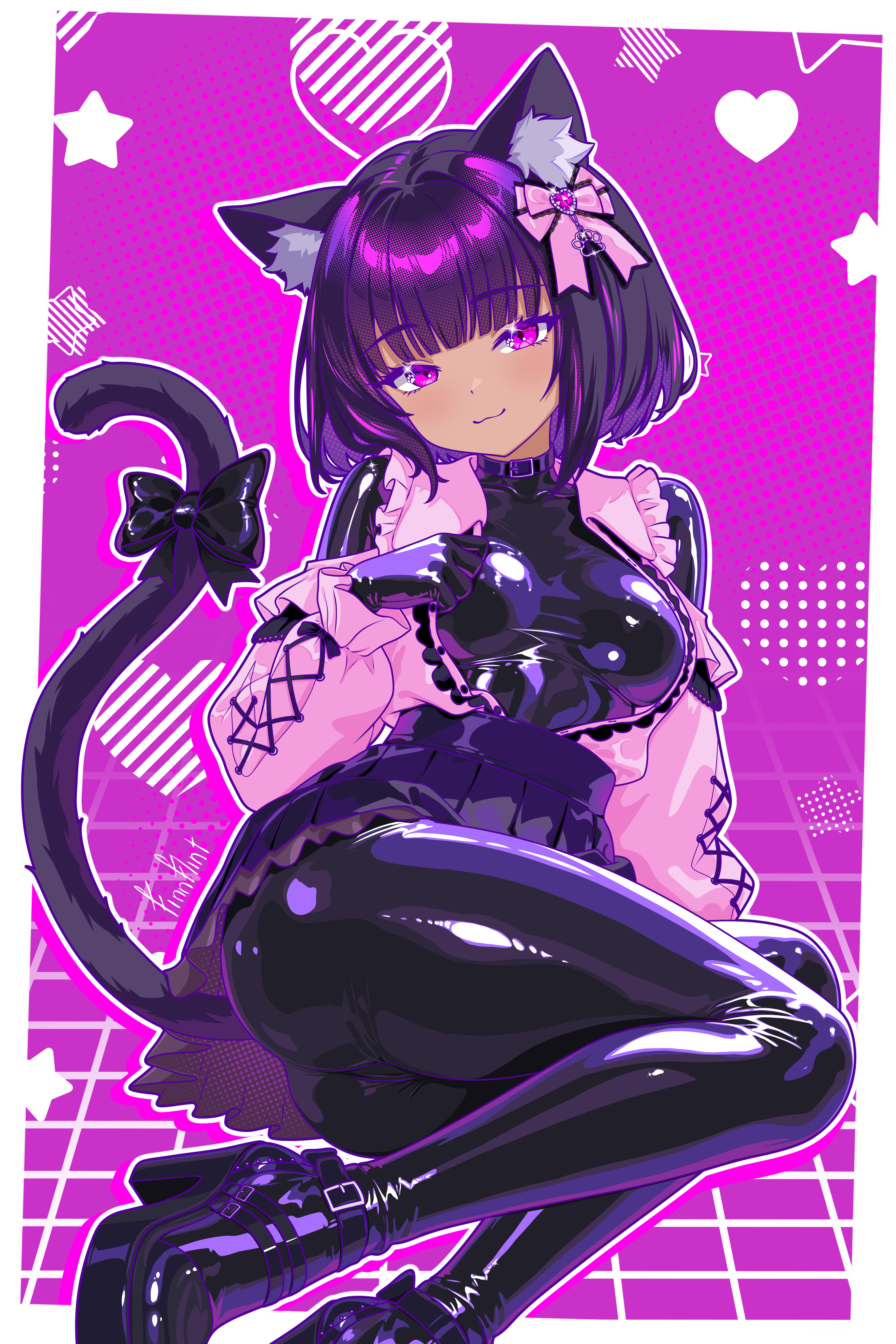 finn flint, finn flint (vtuber), original, absurdres, highres, 1girl, :3, animal ear fluff, animal ears, ass, black collar, black hair, bodysuit, bow, breasts, cat ears, cat girl, cat tail, closed mouth, collar, dark-skinned female, dark skin, frilled shirt collar, frills, full body, hair bow, heart, high heels, jirai kei, latex, latex bodysuit, looking at viewer, medium breasts, on floor, platform heels, purple background, purple eyes, shiny clothes, short hair, signature, sitting, skirt, smile, solo, star (symbol), tail, thighs