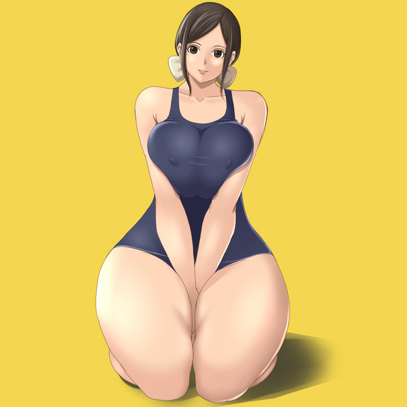 monmonism, original, bad id, bad pixiv id, 1girl, bare shoulders, bow, breasts, breasts squeezed together, brown eyes, brown hair, curvy, female focus, hair bow, hip focus, huge breasts, kneeling, mole, mole under eye, one-piece swimsuit, plump, school swimsuit, short hair, smile, solo, swimsuit, thick thighs, thighs, wide hips