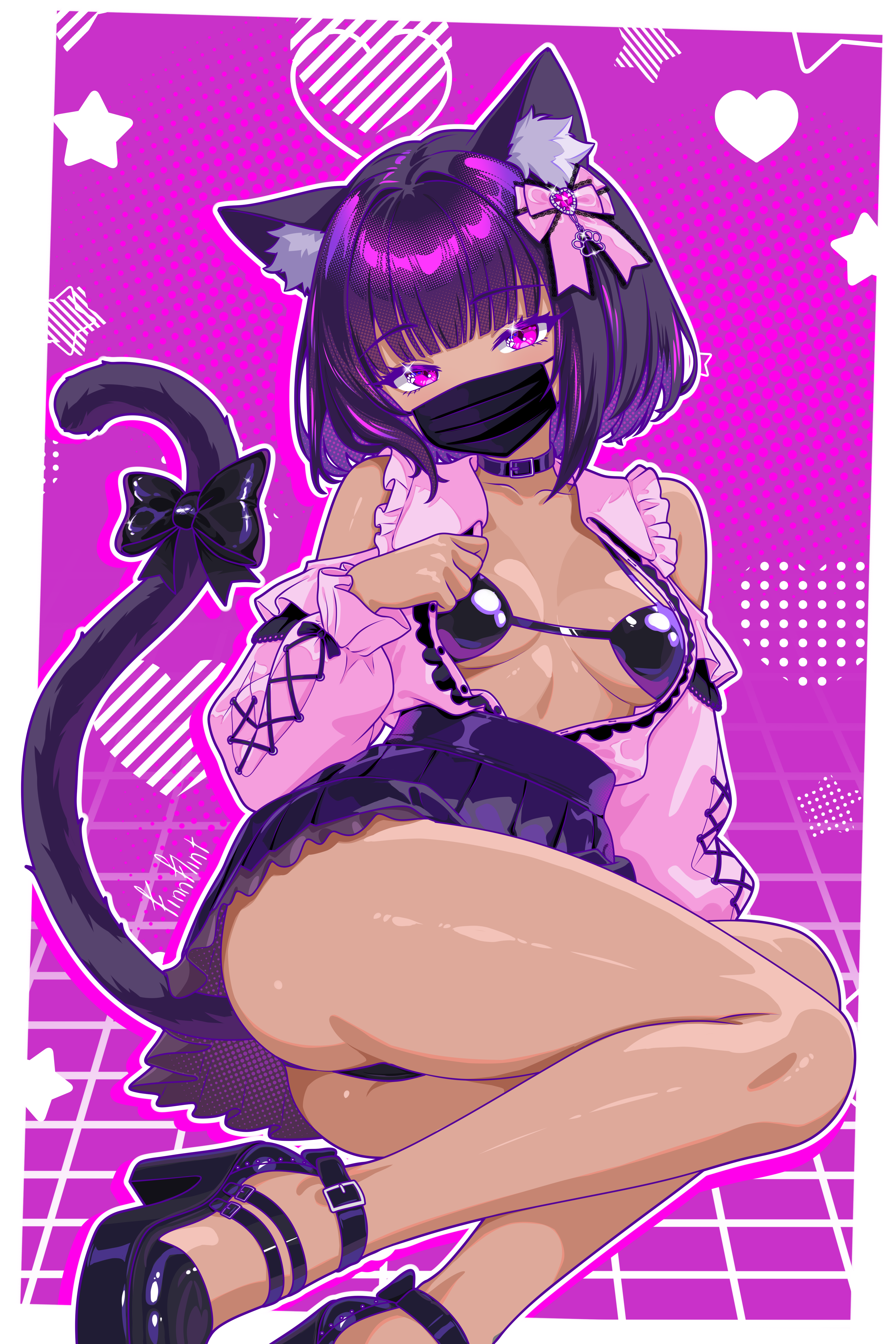 finn flint, finn flint (vtuber), original, absurdres, highres, 1girl, animal ear fluff, animal ears, artist self-insert, ass, belt collar, bikini, black bikini, black collar, black hair, black mask, black panties, black shoes, bow, breasts, cat ears, cat girl, cat tail, closed mouth, clothing cutout, collar, dark-skinned female, dark skin, frilled shirt collar, frills, full body, hair bow, heart, high heels, jirai kei, long sleeves, looking at viewer, mask, medium breasts, mouth mask, on floor, panties, pink shirt, platform heels, purple background, purple eyes, shiny clothes, shiny skin, shirt, shoes, shoulder cutout, smile, swimsuit, tail, tail bow, tail ornament, underwear