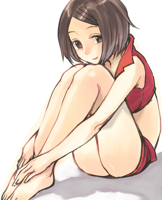 gk, meiko (vocaloid), vocaloid, bad id, bad pixiv id, 1girl, ass, bare shoulders, barefoot, brown eyes, brown hair, closed mouth, cropped vest, female focus, full body, hugging own legs, knees to chest, knees up, legs together, looking at viewer, red shorts, red vest, short hair, short shorts, shorts, simple background, sketch, smile, solo, swept bangs, tareme, vest, white background