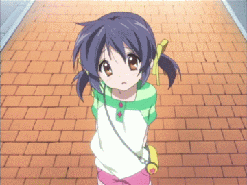 sunohara mei, clannad, clannad after story, animated, animated gif, anime screenshot, lowres, non-web source, 00s, 1girl, bag, blue hair, brown eyes, casual, female focus, hair ribbon, handbag, raglan sleeves, ribbon, short hair, solo, twintails