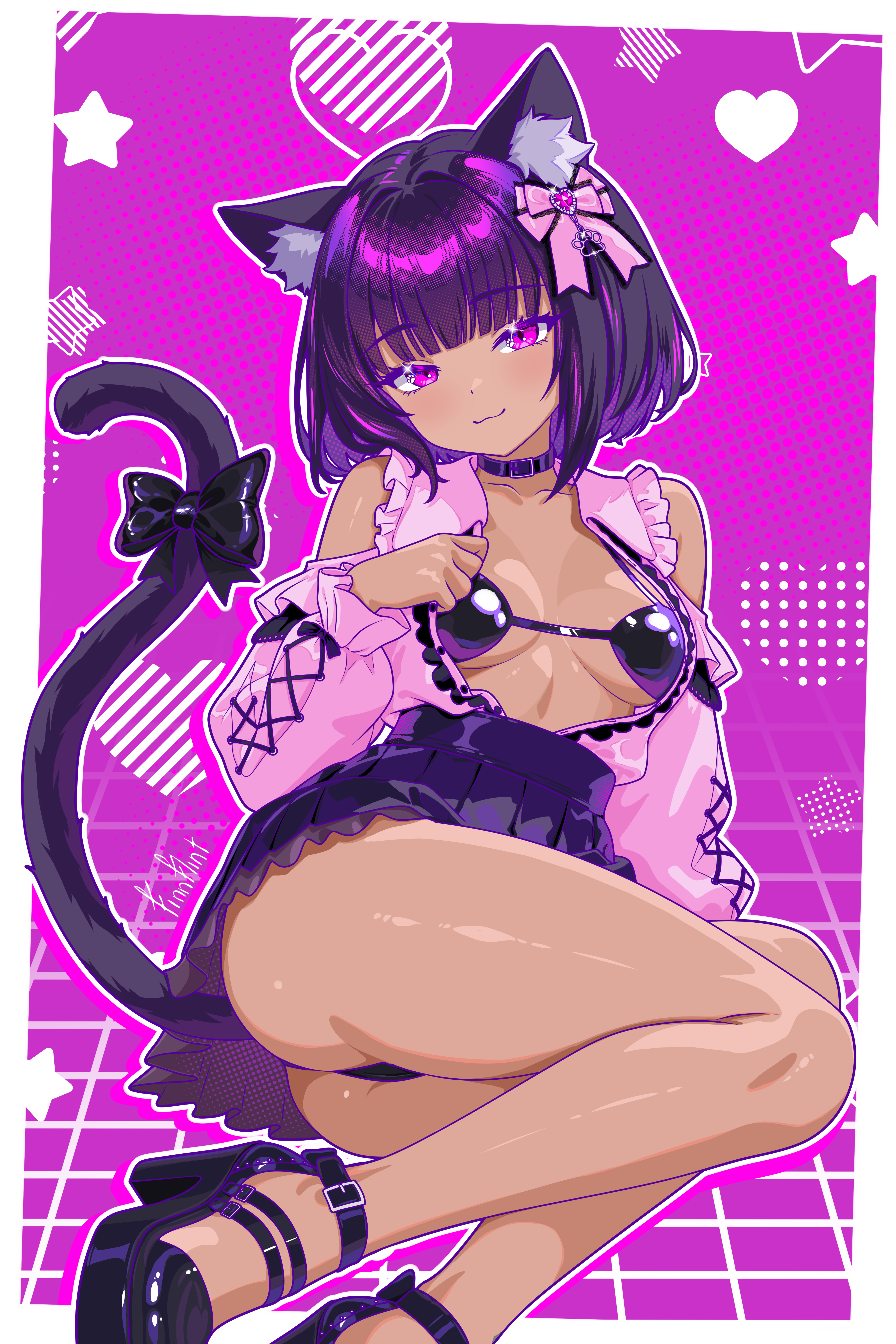 finn flint, finn flint (vtuber), original, absurdres, highres, 1girl, :3, animal ear fluff, animal ears, artist self-insert, ass, belt collar, bikini, black bikini, black collar, black hair, black panties, black shoes, bow, breasts, cat ears, cat girl, cat tail, closed mouth, clothing cutout, collar, dark-skinned female, dark skin, frilled shirt collar, frills, full body, hair bow, heart, high heels, jirai kei, long sleeves, looking at viewer, mask, medium breasts, mouth mask, on floor, panties, pink shirt, platform heels, purple background, purple eyes, shiny clothes, shiny skin, shirt, shoes, shoulder cutout, smile, swimsuit, tail, tail bow, tail ornament, underwear