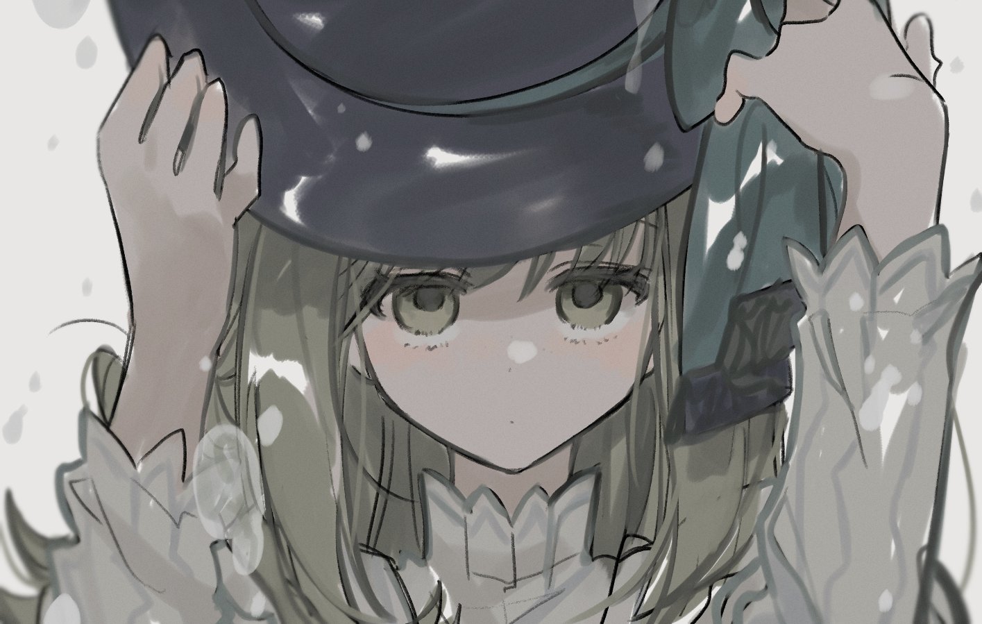 vertin (reverse:1999), reverse:1999, 1girl, 8ru, aged down, black hat, blue bow, boater hat, bow, closed mouth, dot mouth, dress, facing viewer, hands on headwear, hands up, hat, hat bow, looking up, portrait, solo, white background, white dress