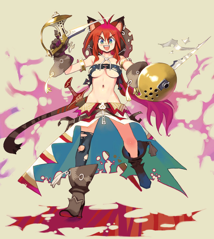 ryoji (nomura ryouji), original, 1girl, animal ears, asymmetrical clothes, breasts, cat ears, cat tail, earrings, female focus, gloves, green eyes, gun, jewelry, knife, large breasts, long hair, midriff, navel, red hair, reverse grip, single thighhigh, solo, tail, thighhighs, underboob, weapon