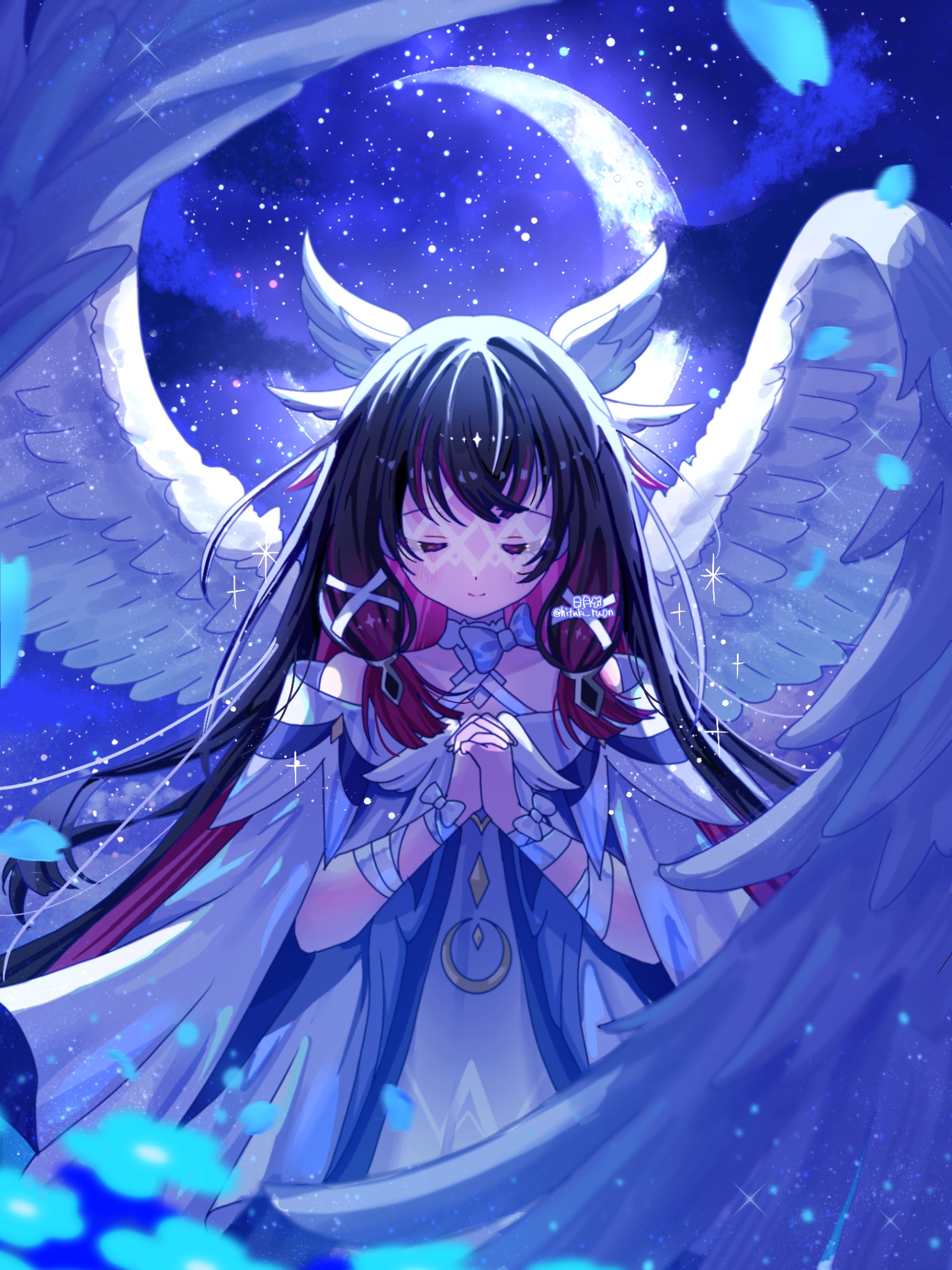 hitsuki (ruon), columbina (genshin impact), genshin impact, commentary request, highres, 1girl, artist name, bare shoulders, black hair, bow, closed eyes, closed mouth, crescent moon, dress, feathered wings, hair ornament, hands up, long hair, moon, night, night sky, off-shoulder dress, off shoulder, outdoors, own hands clasped, own hands together, purple hair, sky, smile, solo, star (sky), starry sky, twitter username, very long hair, white bow, white dress, white wings, wing hair ornament, wings