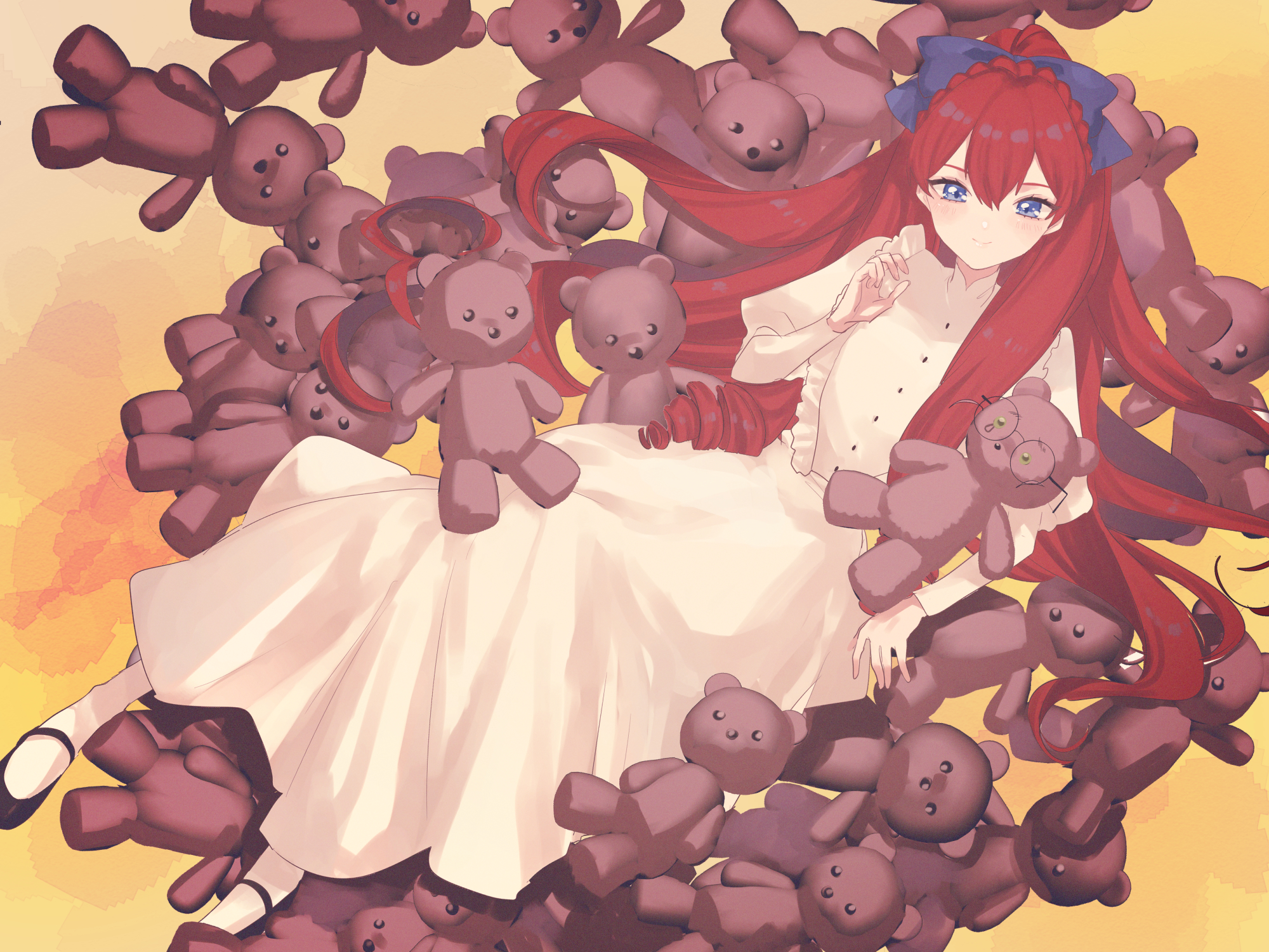eurasia (wtp09ptw14), original, commentary request, highres, 1girl, annelise flagellum (niboshi), black shoes, blue bow, blue eyes, bow, closed mouth, double-parted bangs, dress, full body, hair between eyes, hair bow, long dress, long hair, long sleeves, looking at viewer, red hair, shoes, smile, solo, stuffed animal, stuffed toy, teddy bear, too many, too many dolls, white dress, yellow background