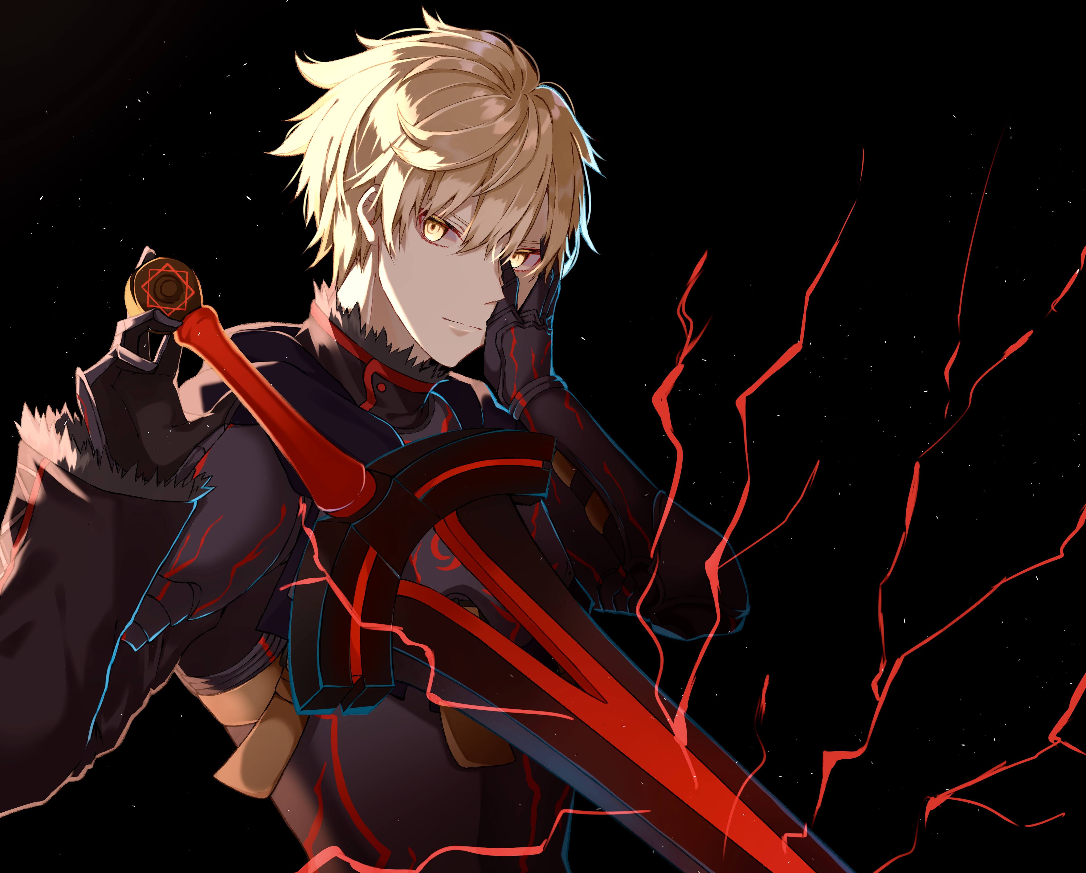 yunoji (onigiri yumi09), arthur pendragon (fate), arthur pendragon alter (fate), fate/prototype, fate (series), absurdres, highres, 1boy, armor, black armor, black background, black shirt, blonde hair, closed mouth, dark persona, excalibur (fate/prototype), full armor, fur-trimmed sleeves, fur trim, gauntlets, hair between eyes, hand on own face, hands up, holding, holding sword, holding weapon, long sleeves, looking at viewer, male focus, shirt, short hair, shoulder armor, simple background, solo, sword, upper body, weapon, yellow eyes