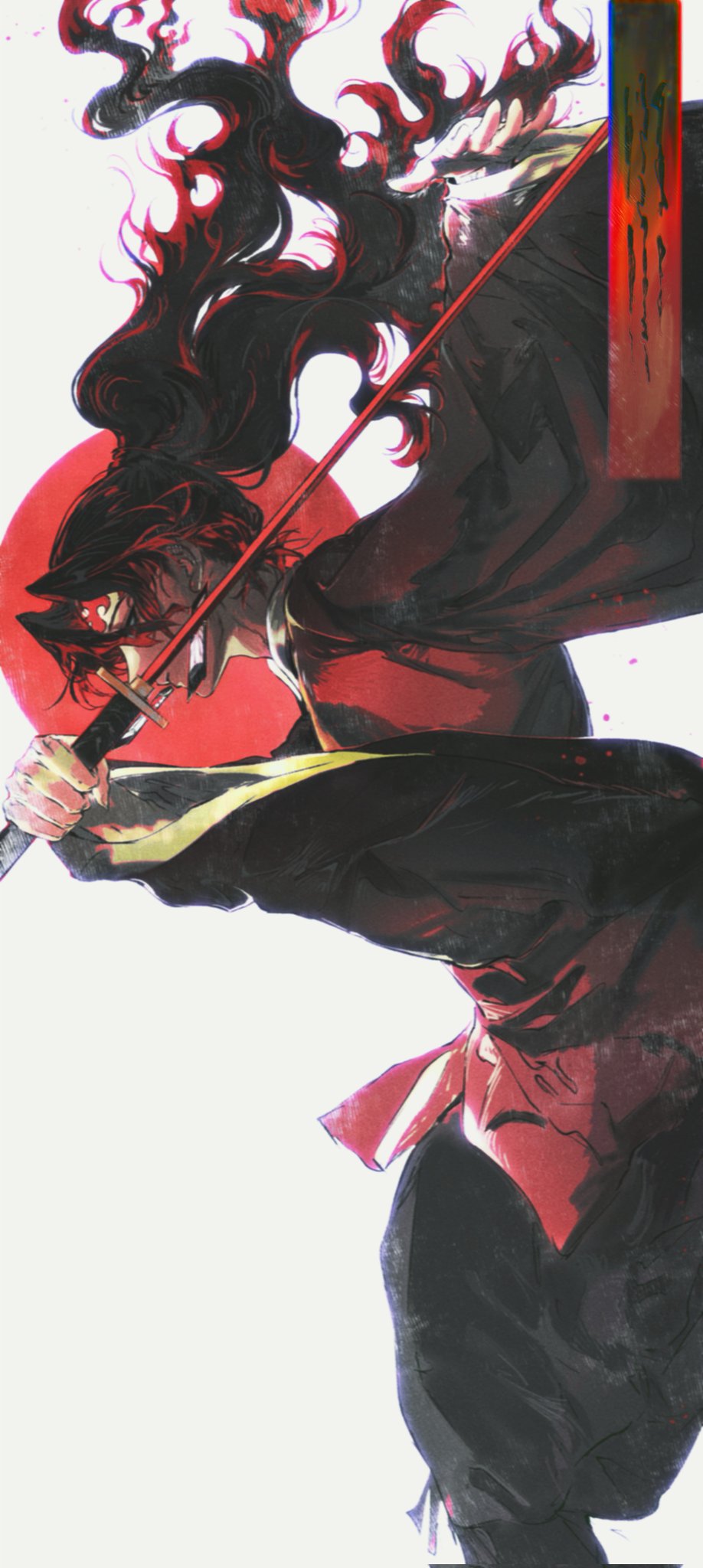 tsugikuni yoriichi, kimetsu no yaiba, commentary request, highres, c.meimei, closed mouth, earrings, facial mark, feet out of frame, floating hair, from side, hair floating upwards, hanafuda, hanafuda earrings, high ponytail, holding, holding sword, holding weapon, japanese clothes, jewelry, katana, kimono, long hair, long sleeves, male focus, ponytail, red eyes, red hair, red kimono, simple background, sword, weapon, white background, wide sleeves