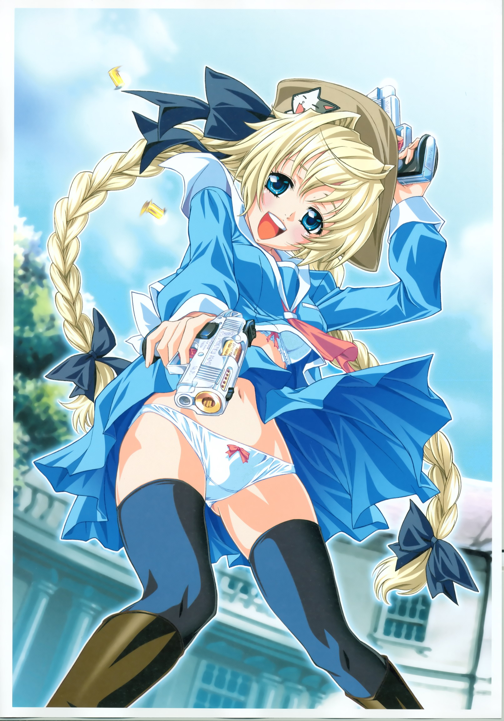 yokota mamoru, megami magazine, megami magazine deluxe, highres, 1girl, blonde hair, blue dress, blue eyes, blue thighhighs, blush, boots, bow, bow panties, bra, braid, dress, dual wielding, female focus, gun, hair bow, hat, holding, lingerie, long hair, panties, ribbon, school uniform, serafuku, skirt, solo, thighhighs, twin braids, underwear, very long hair, weapon, white panties, wind, wind lift