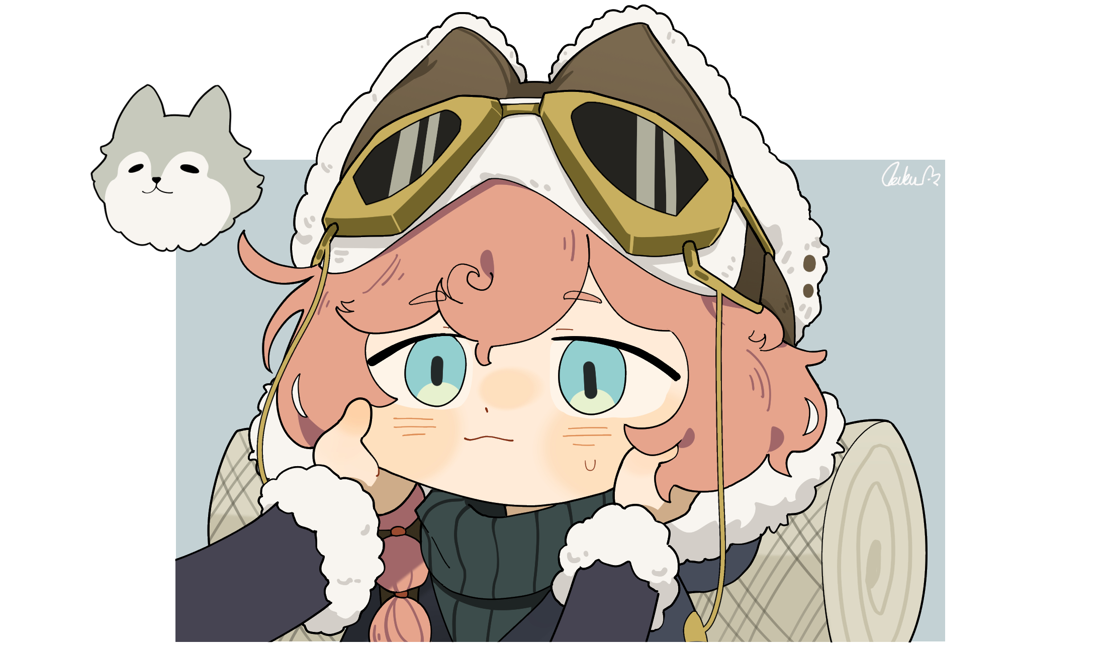 daku k, nautika (reverse:1999), reverse:1999, commentary, highres, symbol-only commentary, 1girl, 1other, :3, black sweater, blue eyes, border, brown hat, cheek pull, chibi, dog, goggles, goggles on headwear, grey background, hands on another's cheeks, hands on another's face, hat, husky, looking at viewer, outside border, pink hair, sweat, sweater, trapper hat, white border