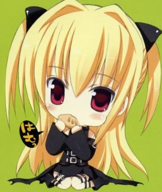 konjiki no yami, to love-ru, lowres, non-web source, 00s, blonde hair, chibi, eating, food, kneeling, long hair, red eyes, sitting, solo, taiyaki, thigh strap, twintails, two side up, wagashi