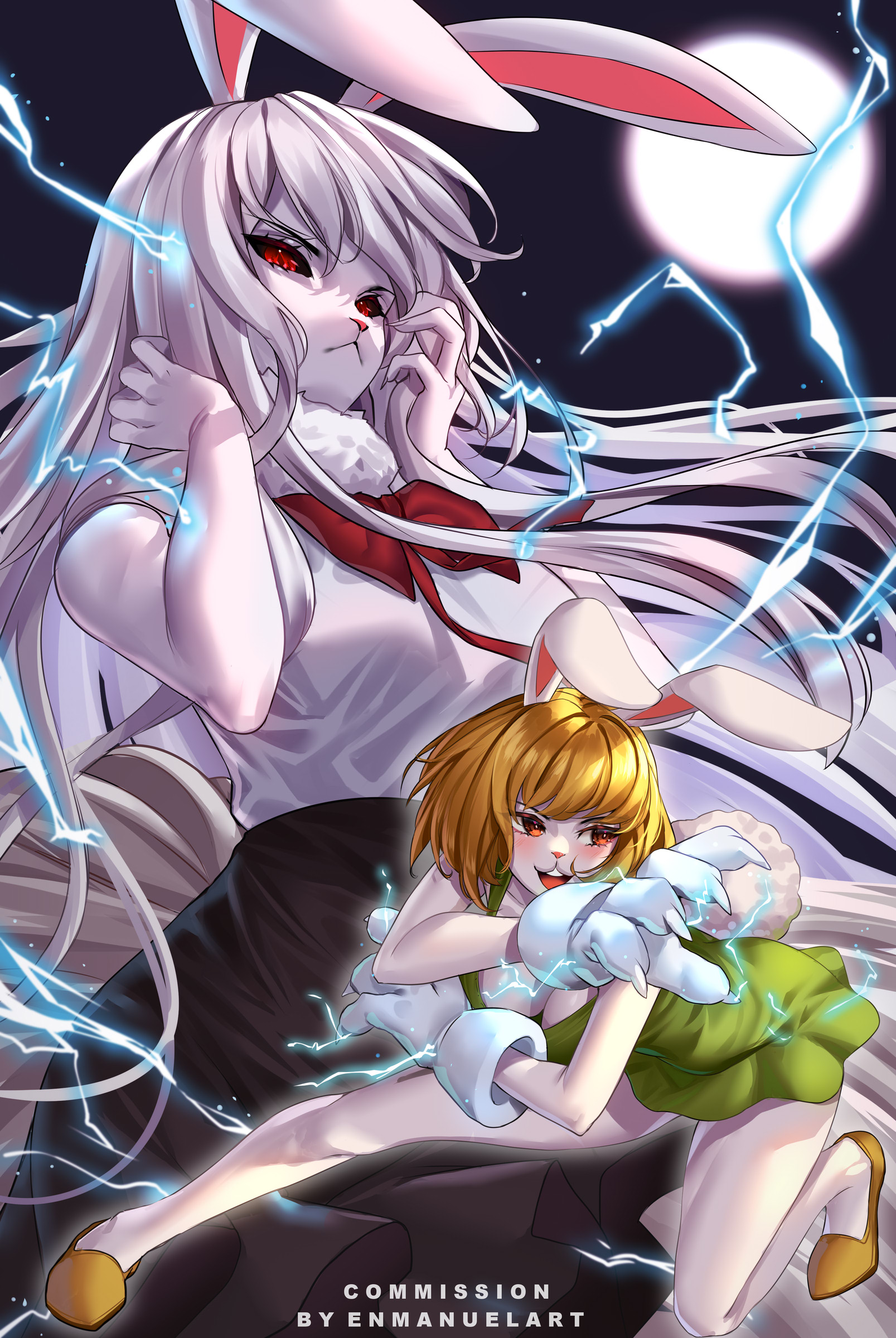 enma (enmanuelart), carrot (one piece), one piece, absurdres, commentary, commission, english commentary, highres, 2girls, animal ears, bare shoulders, black skirt, blonde hair, blush, bow, breasts, cleavage, closed mouth, collarbone, colored skin, cowboy shot, dress, eyelashes, fighting stance, full body, fur-trimmed shirt, fur trim, gloves, green dress, hands in own hair, large breasts, lightning, long hair, looking down, looking to the side, medium hair, multiple girls, open mouth, orange eyes, rabbit ears, rabbit girl, rabbit nose, rabbit tail, red bow, red eyes, shirt, shoes, skirt, sleeveless, sleeveless shirt, tail, teeth, upper teeth only, white gloves, white hair, white shirt, white skin, yellow shoes
