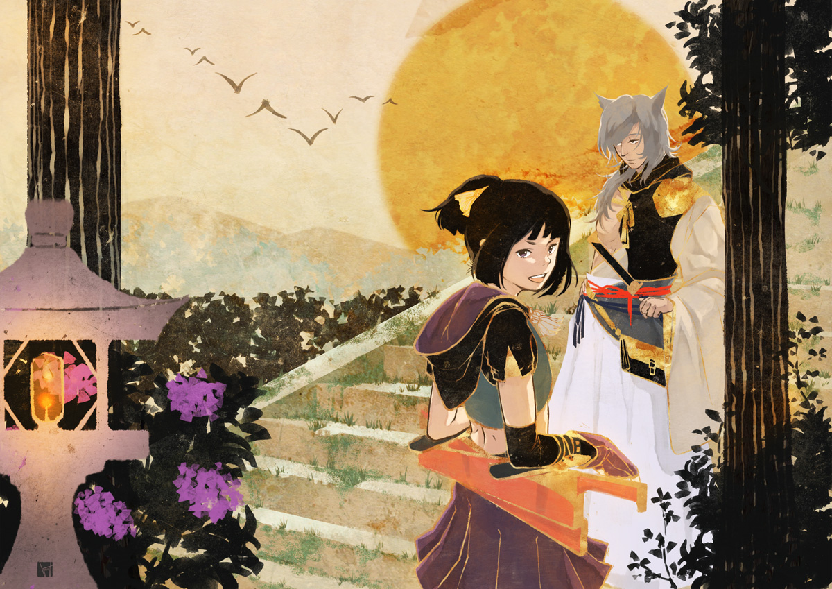 sakamoto himemi, silver hair, bad id, bad pixiv id, animal ears, black hair, fantasy, ponytail, sun, sword, weapon