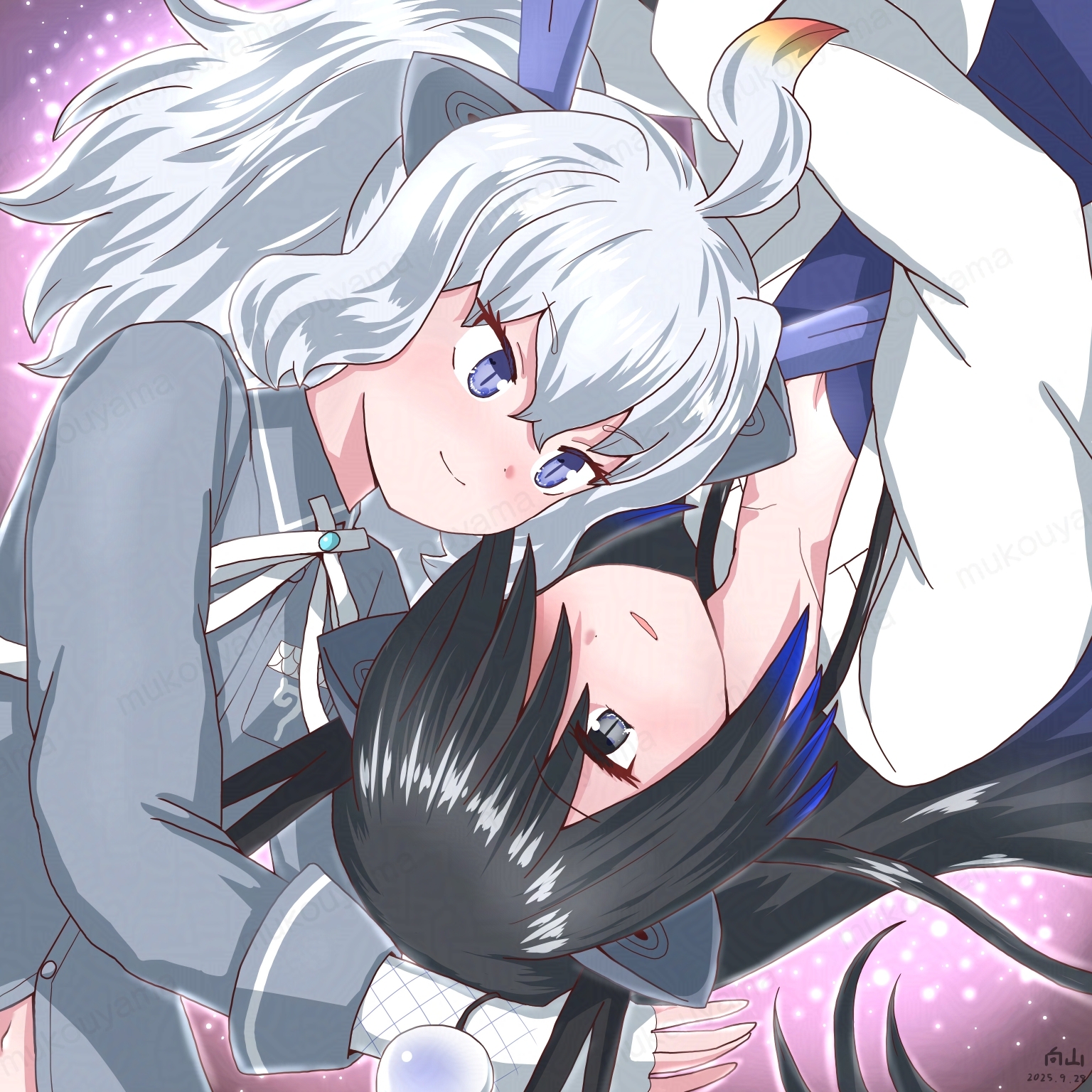 mukouyama mu, black dragon (kemono friends), white dragon (kemono friends), kemono friends, highres, 2girls, animal ears, black hair, blue hair, bow, bowtie, coat, collared shirt, dragon ears, dragon girl, dragon horns, fingerless gloves, fishnet gloves, fishnets, gloves, gradient hair, grey eyes, grey shirt, hair between eyes, hair over one eye, horns, japari symbol, lab coat, long hair, long sleeves, midriff peek, multicolored hair, multiple girls, navel, open clothes, open coat, purple eyes, purple shirt, shirt, short hair, short twintails, sidelocks, slit pupils, twintails, white bow, white bowtie, white coat, white gloves, white hair