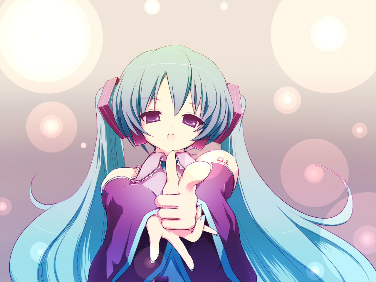 takunama, hatsune miku, vocaloid, 1girl, :o, aiming, aiming at viewer, aqua hair, collared shirt, detached sleeves, female focus, finger gun, from below, grey shirt, hair ornament, headphones, long hair, looking at viewer, nail polish, necktie, pointing, pointing at viewer, shirt, solo, tattoo, twintails