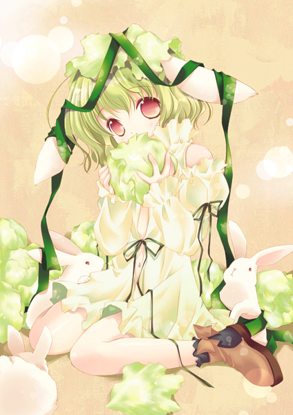 tokumi yuiko, bad id, bad pixiv id, animal ears, green hair, lettuce, navel, rabbit, rabbit ears, red eyes, ribbon, short hair, sitting, solo