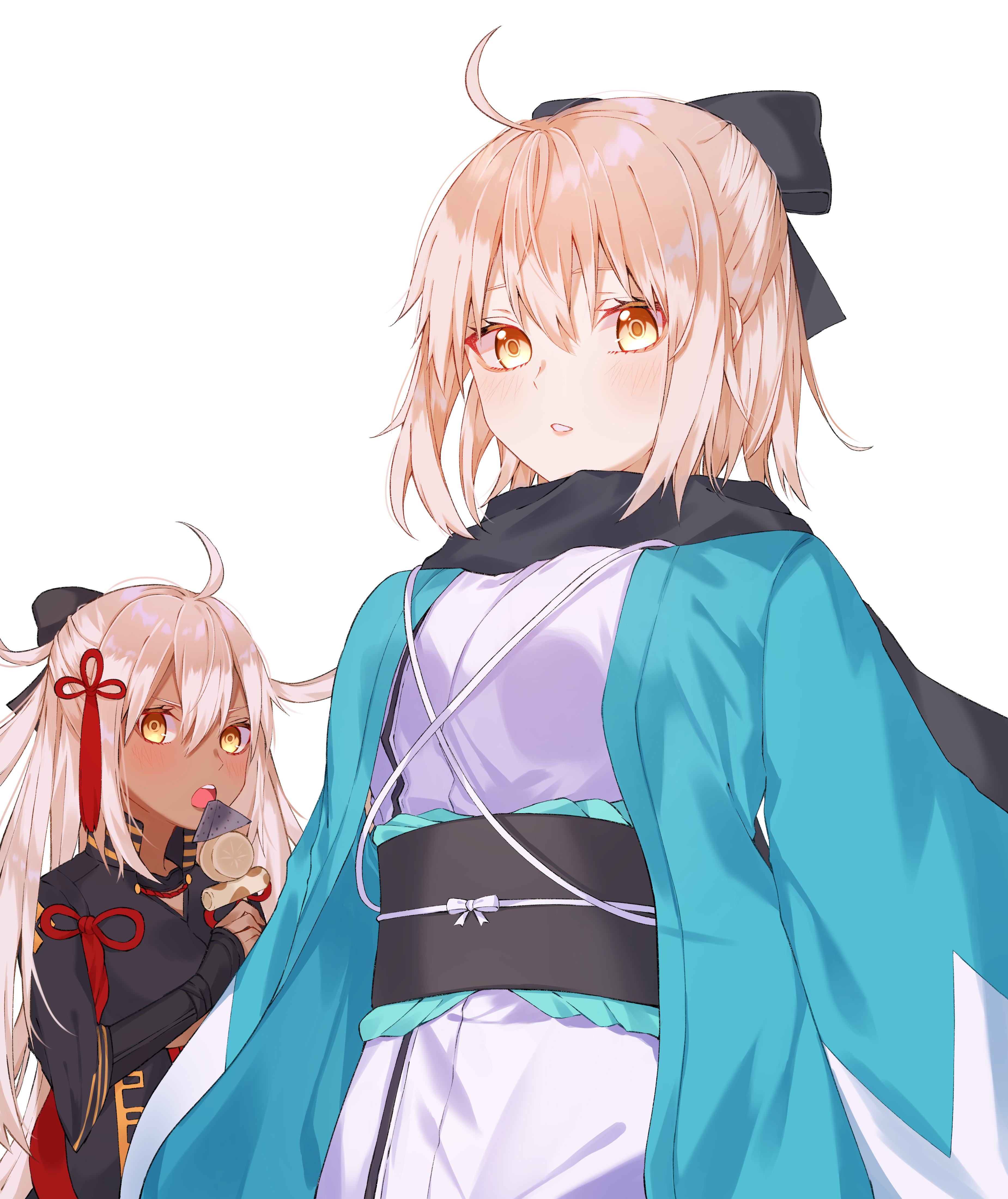 yunoji (onigiri yumi09), okita souji (fate), okita souji (koha-ace), okita souji alter (fate), okita souji alter (second ascension) (fate), fate/grand order, fate (series), absurdres, highres, 2girls, ahoge, armor, belt, black belt, black bow, black dress, black scarf, blonde hair, blue haori, blush, bow, breasts, dark-skinned female, dark skin, dress, flower knot, food, frills, hair between eyes, hair bow, hair ornament, hand up, haori, holding, holding skewer, japanese armor, japanese clothes, kimono, kote, kurokote, long hair, long sleeves, looking at viewer, medium breasts, multiple girls, okita souji (third ascension) (fate), open clothes, open mouth, red ribbon, ribbon, scarf, short hair, simple background, skewer, standing, tassel, tassel hair ornament, teeth, white background, white bow, white hair, white kimono, wide sleeves, yellow eyes