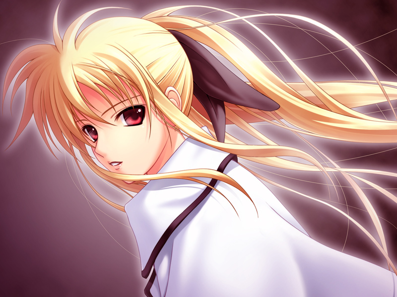 40010prototype, fate testarossa, lyrical nanoha, mahou shoujo lyrical nanoha strikers, 00s, blonde hair, bow, cape, hair bow, red eyes, solo, twintails