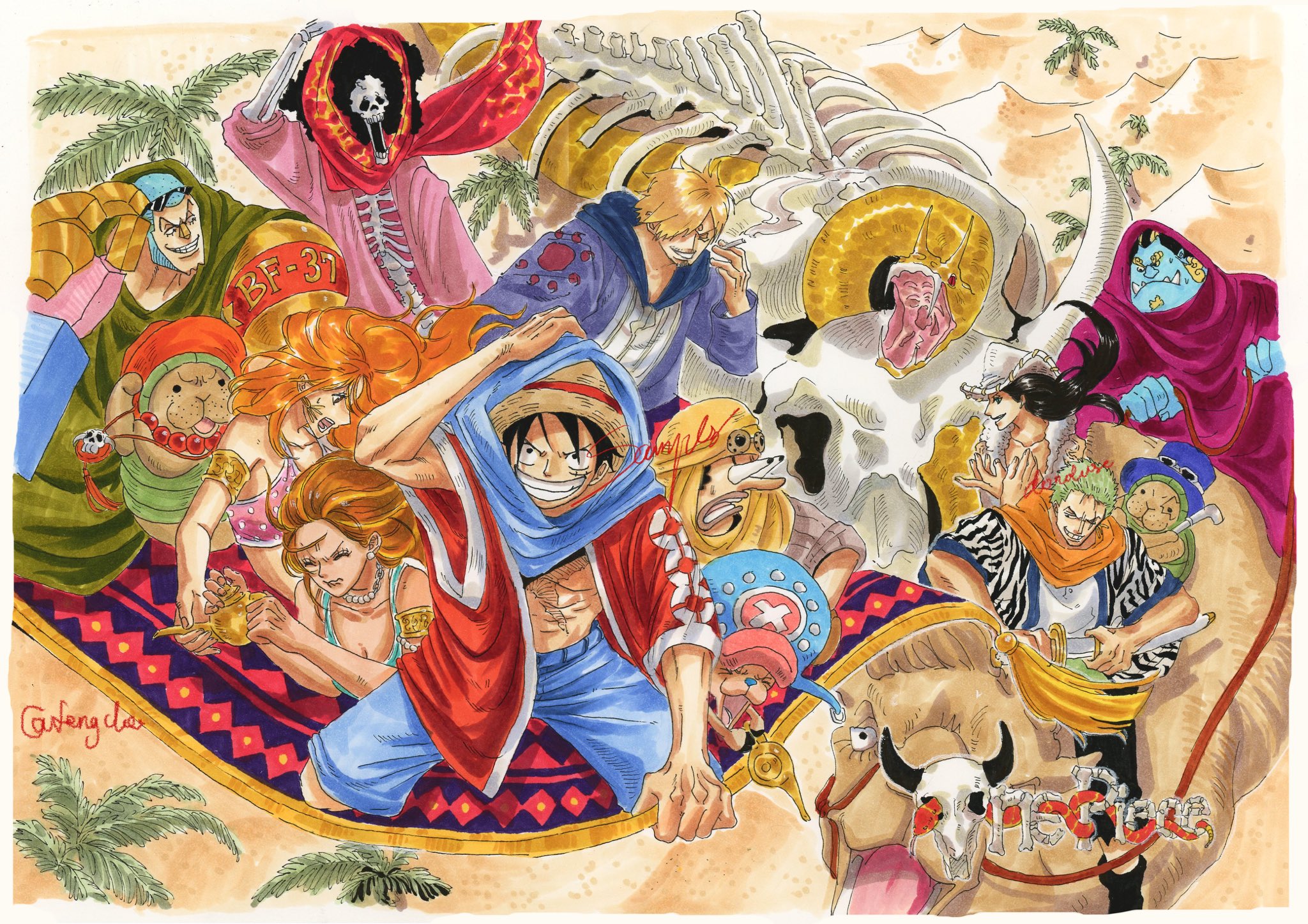 fengcheche, brook (one piece), franky (one piece), jinbe (one piece), kung fu dugong, monkey d. luffy, nami (one piece), nico robin, roronoa zoro, sanji (one piece), tony tony chopper, usopp, original, amused, chinese commentary, commentary request, highres, > <, 2girls, 6+boys, afro, armlet, black hair, blonde hair, blue hair, blue shorts, blue skin, buzz cut, camel, carpet, cigarette, colored skin, copyright name, cowboy hat, creature, cross, crossed arms, earrings, facial hair, goatee, green hair, hat, holding, holding cigarette, holding sword, holding weapon, hood, jewelry, leash, long hair, long nose, matsuge (one piece), multiple boys, multiple girls, necklace, orange hair, pearl necklace, scar, scar across eye, scar on chest, scar on face, scared, short hair, shorts, skeleton, smile, smoke, straw hat, straw hat pirates, sweatdrop, sword, twitter username, very short hair, weapon, white hat