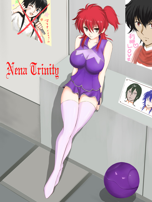 niwatori kokezou, bad haro, johann trinity, marina ismail, michael trinity, nena trinity, setsuna f. seiei, gundam, gundam 00, translated, 00s, 1girl, ball, breasts, cleavage, female focus, large breasts, long legs, red hair, see-through clothes, smile, solo, thighhighs, yellow eyes, zettai ryouiki