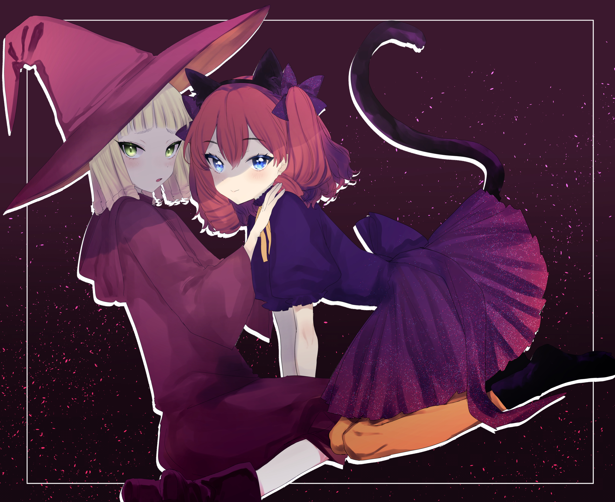 eurasia (wtp09ptw14), original, commentary request, highres, 2girls, alternate hair length, alternate hairstyle, animal ear hairband, animal ears, annelise flagellum (niboshi), black hairband, black shoes, blonde hair, blue eyes, blush, bow, cat ear hairband, cat ears, cat tail, closed mouth, double-parted bangs, dress, fake animal ears, fake tail, green eyes, hair between eyes, hair bow, hairband, hand on another's shoulder, hat, hood, hood down, hooded dress, inset border, long sleeves, looking at viewer, multiple girls, open mouth, orange pantyhose, pantyhose, puffy sleeves, purple background, purple bow, purple dress, purple hat, red hair, shoes, short hair, short sleeves, sitting, smile, tail, troja von richtofen (eurasia), witch hat