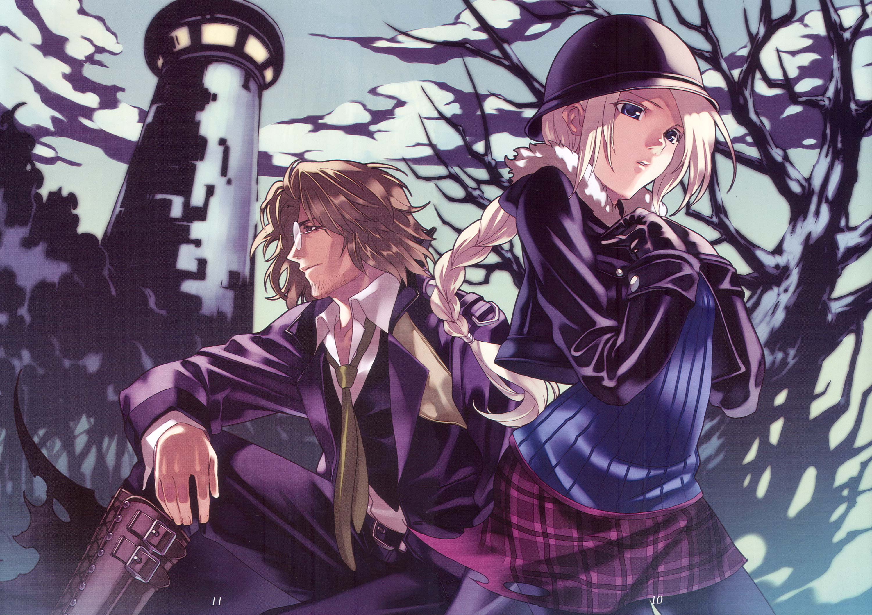 hirano katsuyuki, ellen (folkssoul), keats, folkssoul, highres, 1boy, 1girl, beard, belt, blonde hair, blue eyes, boots, braid, couple, facial hair, glasses, hat, hetero, necktie, pantyhose, tree