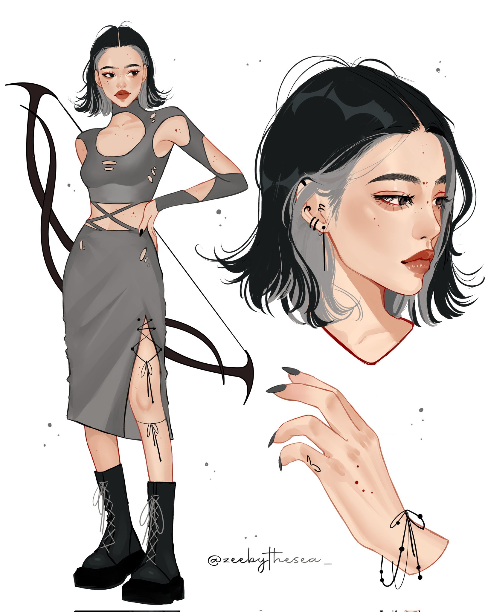 zeebythesea, original, highres, 1girl, arm behind back, arm cutout, armpit cutout, arrow (projectile), asian, black boots, black eyes, black hair, black nails, boots, bracelet, cleavage cutout, closed mouth, clothing cutout, colored inner hair, ear piercing, eyelashes, fashion, finger tattoo, fingernails, flipped hair, forehead, grey hair, grey shirt, grey skirt, hair behind ear, hand on own hip, holding, holding arrow, jewelry, long fingernails, looking to the side, medium skirt, mei (zeebythesea), mole, mole on arm, mole on cheek, mole on chest, mole on forehead, mole on leg, mole on stomach, multicolored hair, multiple moles, multiple views, nail polish, piercing, platform boots, reference sheet, shirt, short hair, side slit, skirt, standing, streetwear, tattoo, thick eyebrows, thick lips, tight clothes, tight shirt, torn clothes, torn shirt, torn skirt, turtleneck, twitter username, white background