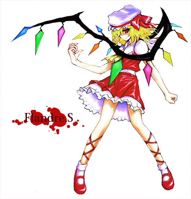 jouyo, flandre scarlet, touhou, bad id, bad pixiv id, 1girl, blonde hair, blood, female focus, full body, hat, hat ribbon, legs, mary janes, mob cap, red eyes, ribbon, shoes, short hair, simple background, socks, solo, standing, white background, wings