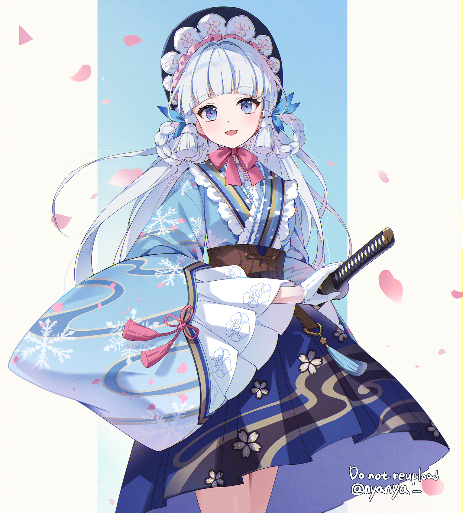 nyanya, ayaka (genshin impact), genshin impact, commentary request, highres, 1girl, alternate costume, arched bangs, blue eyes, blue kimono, blunt tresses, bonnet, brown sash, butterfly hair ornament, gloves, hair ornament, japanese clothes, kimono, long hair, looking at viewer, obi, parted lips, sash, sidelocks, solo, tassel, twitter username, very long hair, white gloves, white hair