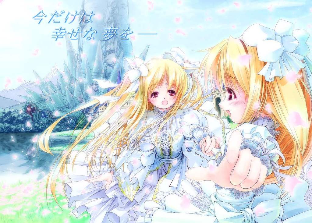 alicia testarossa, fate testarossa, lyrical nanoha, mahou shoujo lyrical nanoha, 00s, 2girls, blonde hair, dreaming, dress, frills, long hair, multiple girls, ribbon, siblings, sisters, very long hair