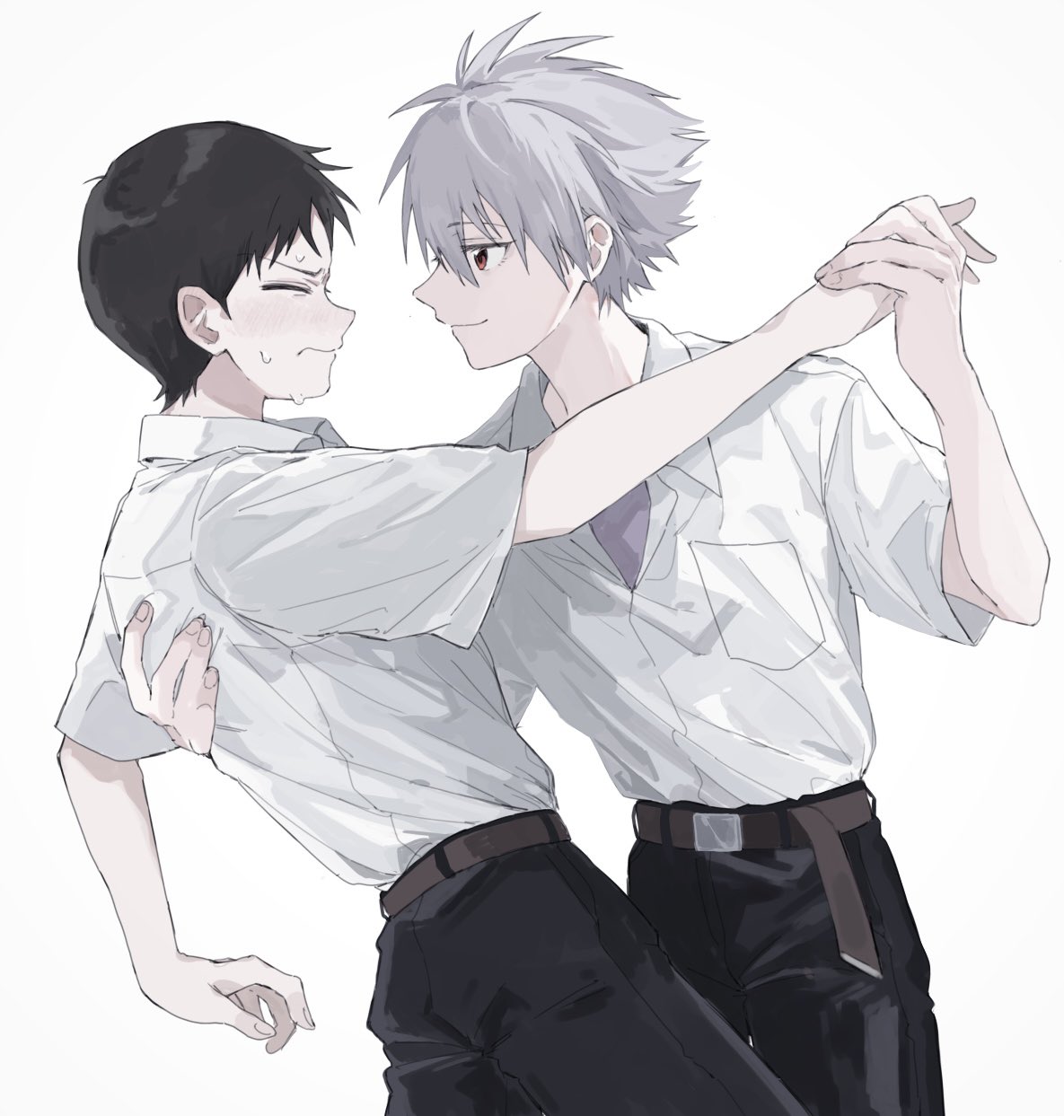 ikari shinji, nagisa kaworu, neon genesis evangelion, highres, 2boys, belt, black hair, black pants, brown belt, closed eyes, closed mouth, collared shirt, dancing, grey hair, looking at another, m3gris3, male focus, multiple boys, pants, pocket, red eyes, shirt, short hair, short sleeves, simple background, smile, sweat, white background, yaoi