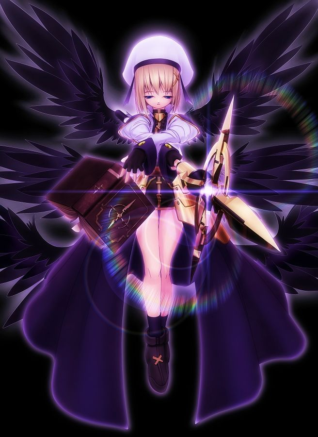 tom (1art.), schwertkreuz, tome of the night sky, yagami hayate, lyrical nanoha, mahou shoujo lyrical nanoha, mahou shoujo lyrical nanoha a's, 00s, 1girl, asymmetrical dual wielding, book, dual wielding, female focus, solo, staff, wings