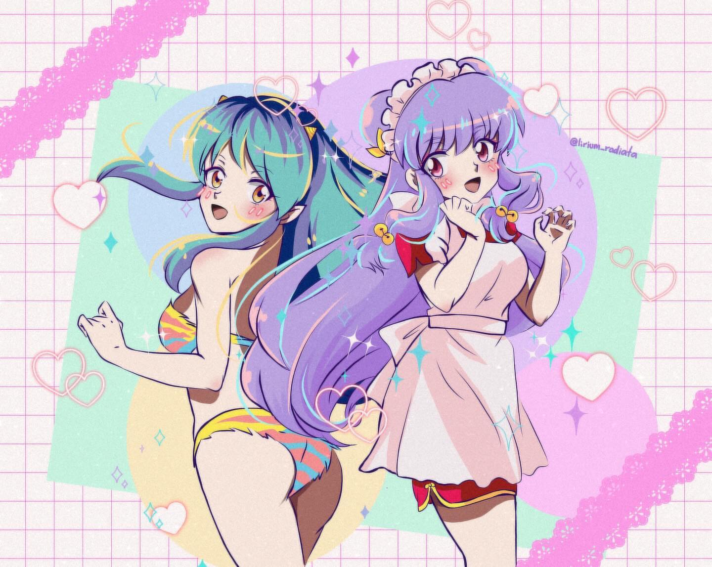 lum, shampoo (ranma 1/2), ranma 1/2, urusei yatsura, 2girls, apron, bra, chinese clothes, green hair, horns, multiple girls, oni, purple hair, striped bra, striped clothes, underwear, white apron