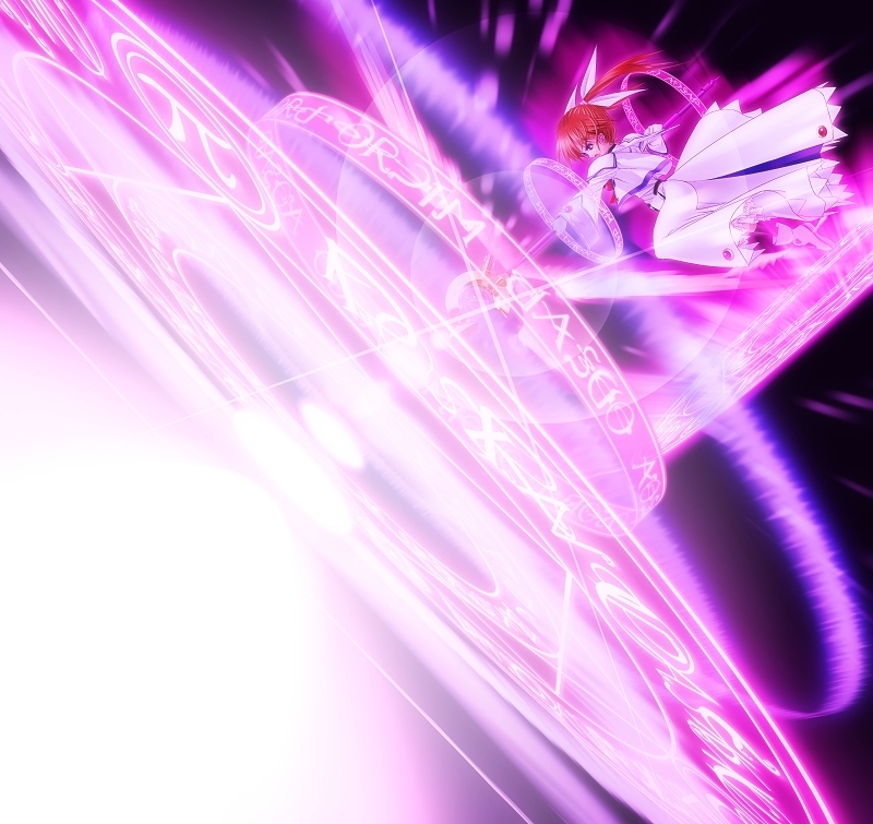 tom (1art.), raising heart, raising heart (device mode), takamachi nanoha, takamachi nanoha (original mode), lyrical nanoha, mahou shoujo lyrical nanoha, winged footwear, 00s, 1girl, energy wings, female focus, magic circle, magical girl, shoes, solo, starlight breaker, twintails, white devil, wings