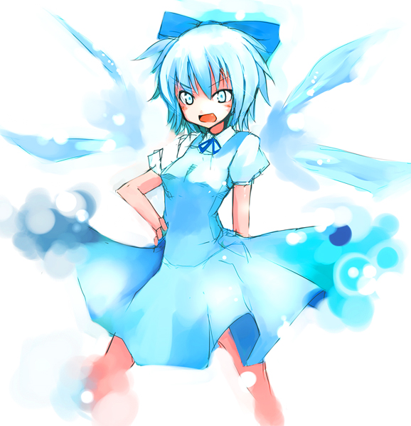 ippongui, cirno, touhou, 1girl, blue bow, blue eyes, blue hair, blue ribbon, blush, bow, dress shirt, fang, female focus, hair bow, ice, ice wings, looking at viewer, matching hair/eyes, open mouth, puffy short sleeves, puffy sleeves, ribbon, shirt, short hair, short sleeves, simple background, solo, white background, wing collar, wings