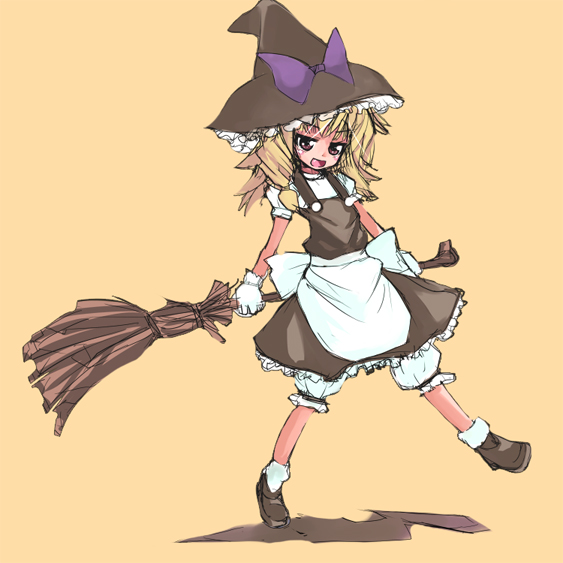 ippongui, kirisame marisa, touhou, 1girl, blonde hair, bloomers, braid, broom, dress, female focus, full body, gloves, hat, solo, underwear, white bloomers, witch, witch hat