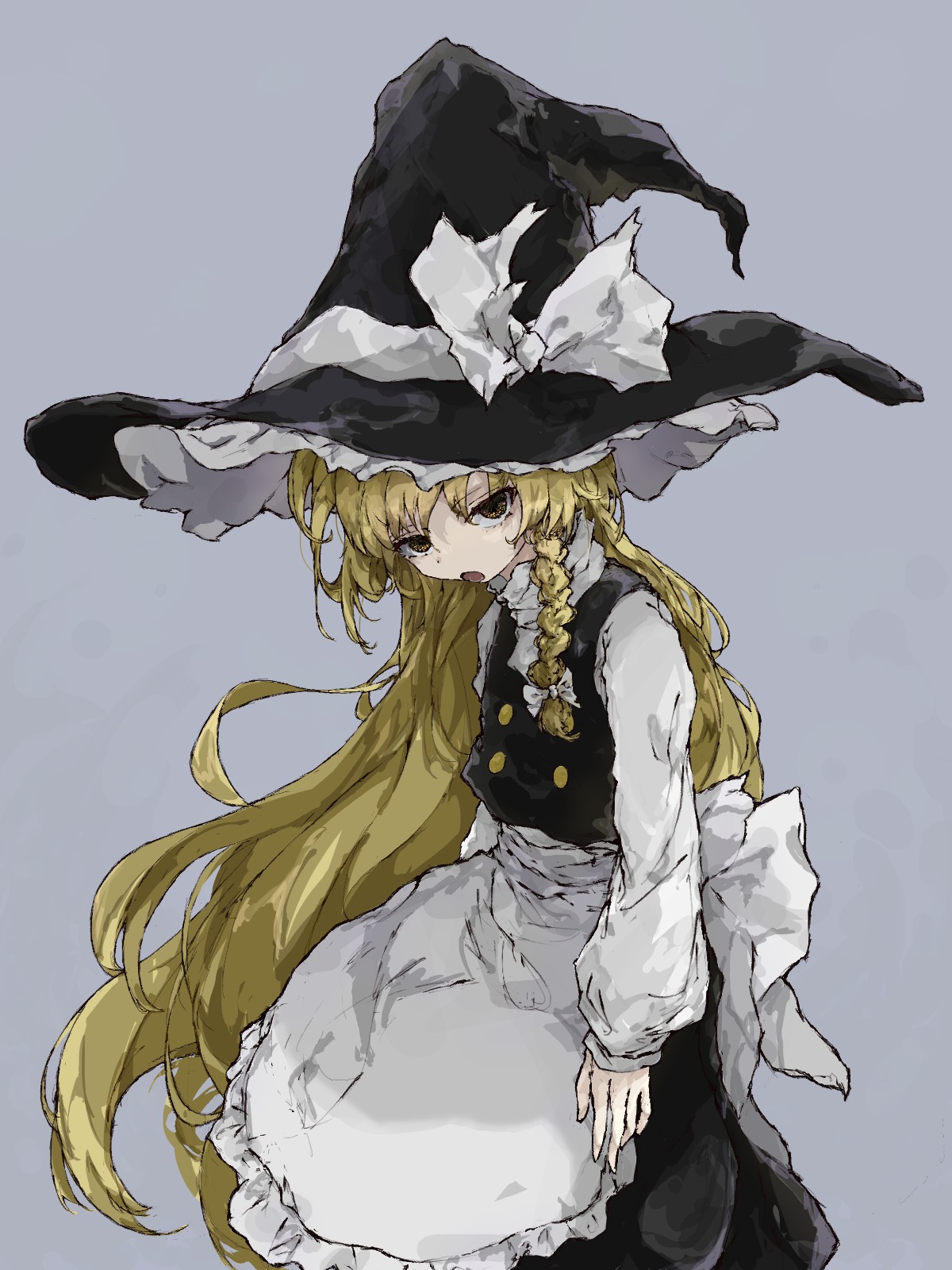 myui17901139, kirisame marisa, touhou, highres, 1girl, apron, black hat, black skirt, black vest, buttons, frilled hairband, frills, gold buttons, grey background, hairband, hat, hat ribbon, long skirt, long sleeves, looking at viewer, open mouth, puffy long sleeves, puffy sleeves, ribbon, shirt, simple background, skirt, solo, vest, white apron, white ribbon, white shirt