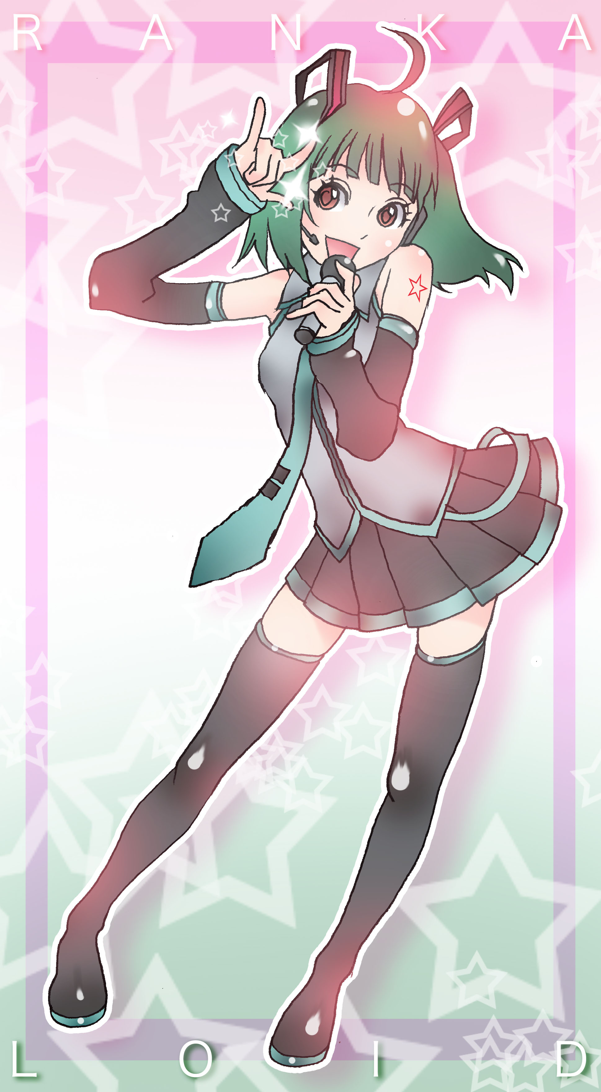 masyu, hatsune miku, ranka lee, macross, macross frontier, vocaloid, absurdres, bad id, bad pixiv id, highres, 1girl, m/, cosplay, female focus, full body, hatsune miku (cosplay), seikan hikou, solo, thighhighs