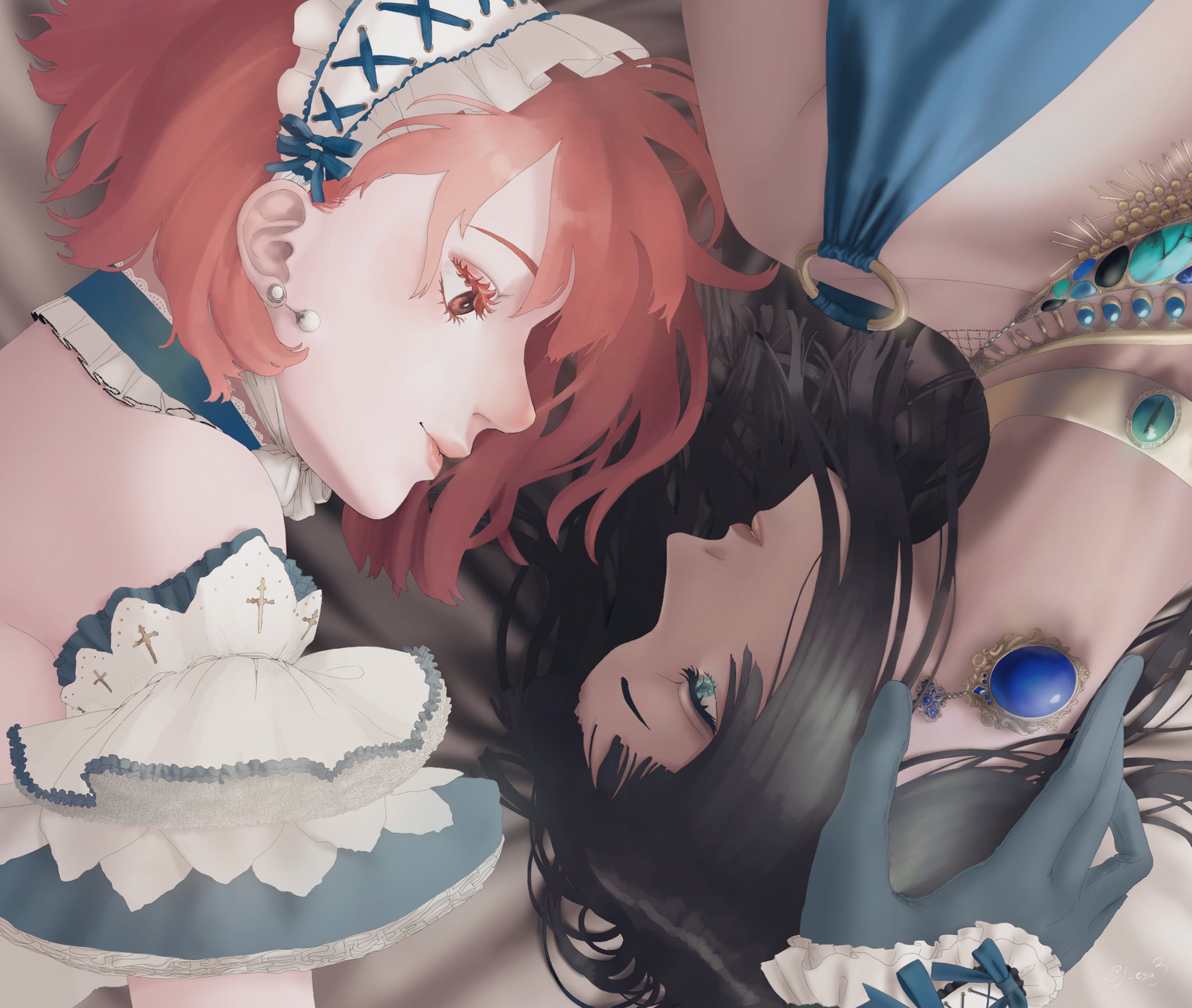 hisarakanoi, nami (one piece), nico robin, one piece, commentary request, highres, 2girls, black hair, blue dress, blue eyes, blunt ends, choker, dress, earrings, eye contact, eyelashes, frilled choker, frilled gloves, frills, gloves, jewelry, looking at another, medium hair, multiple girls, necklace, orange eyes, orange hair, puffy short sleeves, puffy sleeves, short hair, short sleeves, smile, upside-down