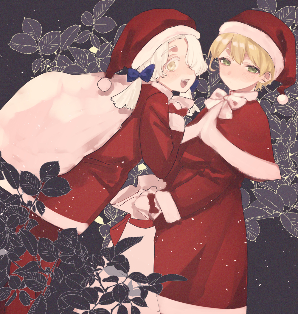 eurasia (wtp09ptw14), original, commentary request, 2girls, blonde hair, capelet, christmas, cowboy shot, double-parted bangs, dress, fangs, fur-trimmed capelet, fur-trimmed dress, fur-trimmed headwear, fur trim, gloves, green eyes, grey background, hair over one eye, hat, holding, holding sack, long sleeves, looking at viewer, multiple girls, one eye covered, open mouth, red capelet, red dress, red hat, sack, santa costume, santa dress, santa hat, short hair, smile, solo, white bag, white gloves, white hair, zoenuria (eurasia)
