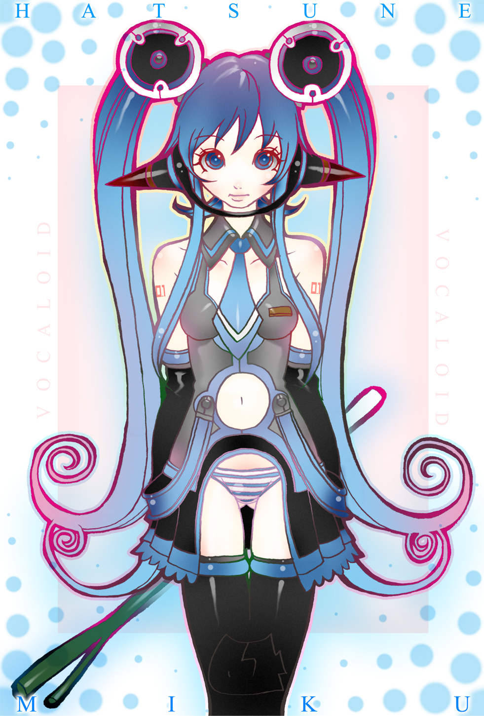 masyu, hatsune miku, vocaloid, bad id, bad pixiv id, highres, 1girl, aqua hair, female focus, long hair, panties, solo, striped clothes, striped panties, thighhighs, twintails, underwear, very long hair