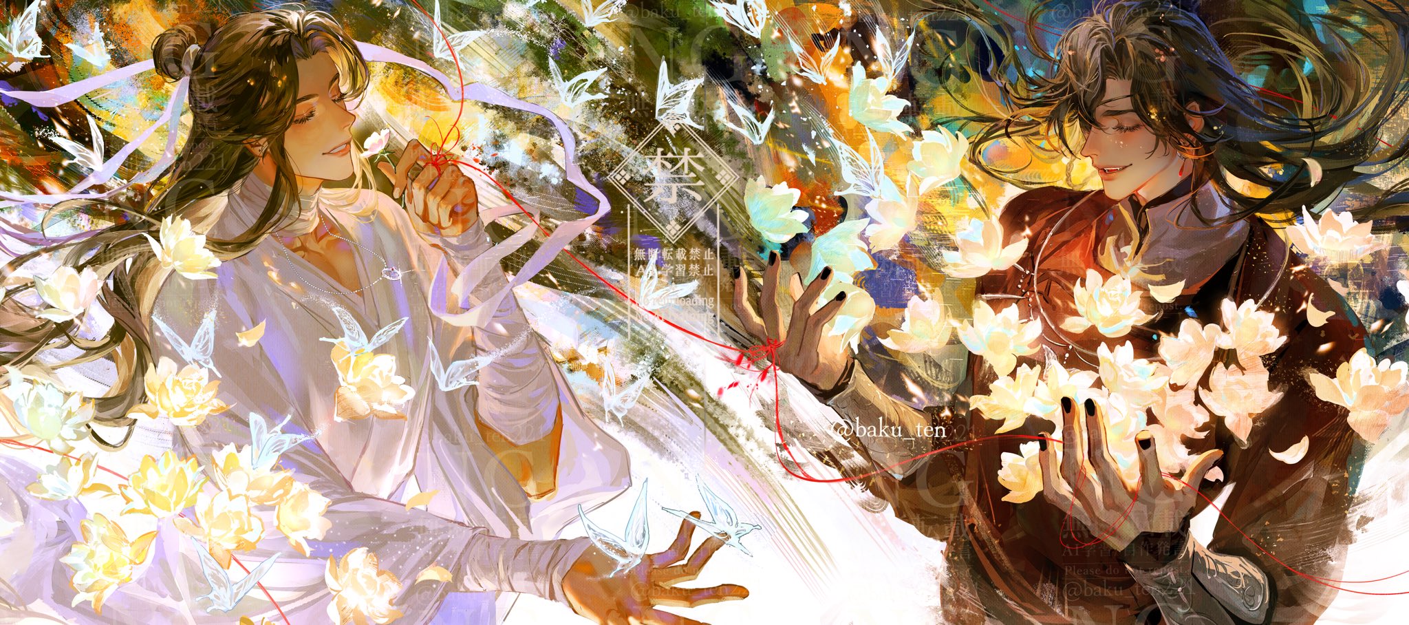hua cheng, xie lian, tianguan cifu, silver necklace, highres, 2boys, artist name, baku ten221, bandaged arm, bandaged neck, bandages, bishounen, black hair, black nails, bracelet, bug, butterfly, butterfly on hand, chinese clothes, closed eyes, earrings, eyelashes, eyepatch, floating hair, flower, glowing butterfly, glowing flower, hair bun, hair ribbon, hand up, hands up, hanfu, holding, holding flower, insect, jewelry, long hair, long sleeves, looking at another, lotus, male focus, mandarin collar, multiple boys, nail polish, necklace, one eye covered, parted lips, red hanfu, ribbon, robe, silver bracelet, single hair bun, smile, string, string around finger, string of fate, twitter username, upper body, watermark, watermark grid, white butterfly, white flower, white hanfu, white ribbon, wide sleeves, yaoi, yellow flower, yuanlingpao