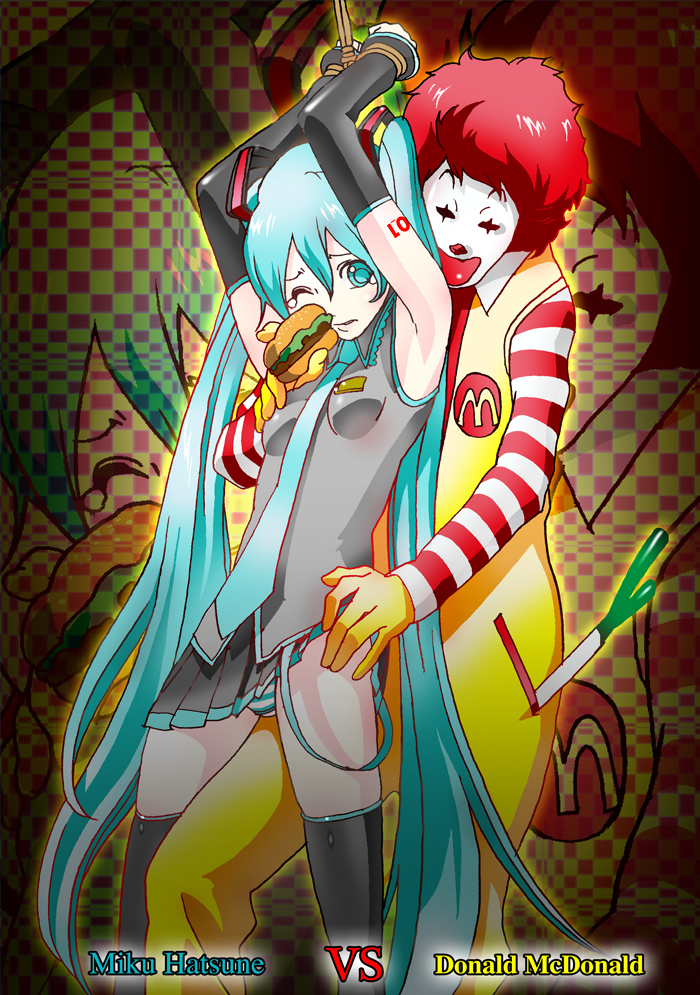 masyu, hatsune miku, ronald mcdonald, mcdonald's, vocaloid, bad id, bad pixiv id, 1boy, 1girl, afro, aqua hair, armpits, arms up, bdsm, bondage, bound, bound wrists, burger, clothes lift, clown, feeding, food, force-feeding, hetero, long hair, miniskirt, panties, skirt, skirt lift, spring onion, striped clothes, striped panties, tears, thighhighs, twintails, underwear, upskirt, very long hair, what, wince, zoom layer