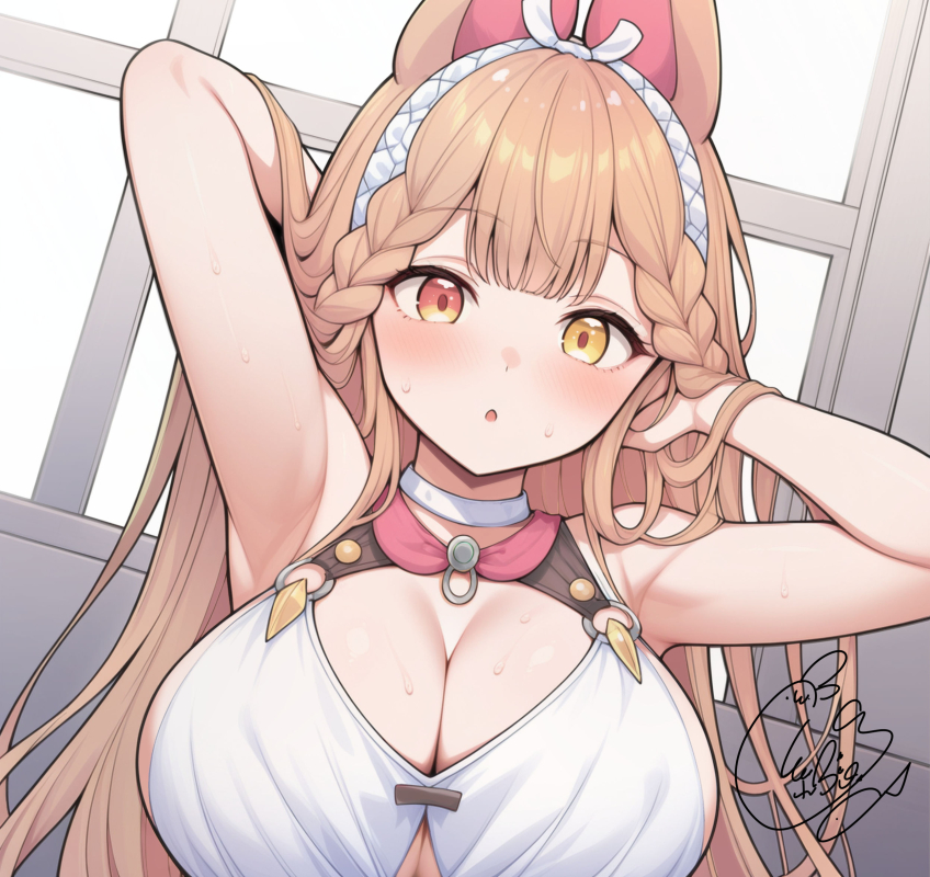 beni shake, alice thymefield, alice thymefield (sea of thyme), zenless zone zero, 1girl, animal ears, arm up, armpits, bare arms, blonde hair, blush, braid, breasts, cleavage, collar, hairband, hand in own hair, heterochromia, large breasts, long hair, looking at viewer, open mouth, rabbit ears, rabbit girl, red eyes, side braids, signature, solo, sweat, swimsuit, white hairband, window, yellow eyes