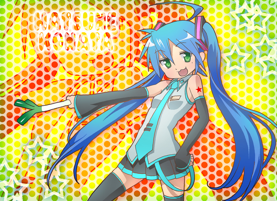 masyu, hatsune miku, izumi konata, lucky star, vocaloid, bad id, bad pixiv id, 1girl, aqua hair, cosplay, female focus, hatsune miku (cosplay), mole, mole under eye, solo, spring onion, thighhighs, twintails
