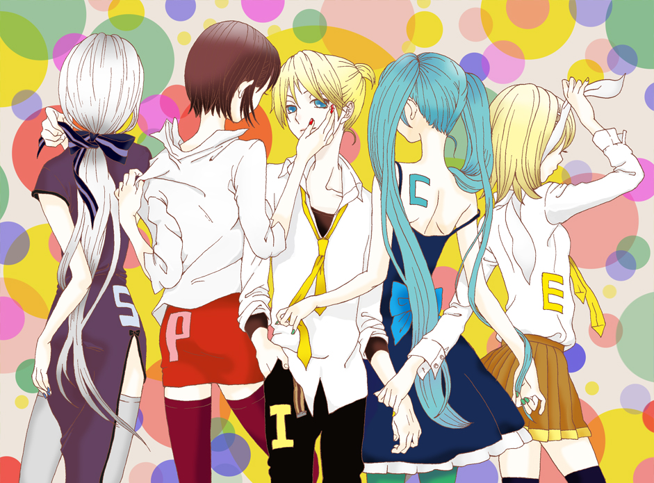 masyu, hatsune miku, kagamine len, kagamine rin, meiko (vocaloid), yowane haku, spice! (vocaloid), vocaloid, silver hair, bad id, bad pixiv id, 1boy, 4girls, aqua hair, blonde hair, blue eyes, brother and sister, brown hair, dress, hair ribbon, long hair, multiple girls, necktie, pantyhose, pencil skirt, pimp, ponytail, ribbon, shirt, short hair, siblings, skirt, spice!, thighhighs, twins, twintails