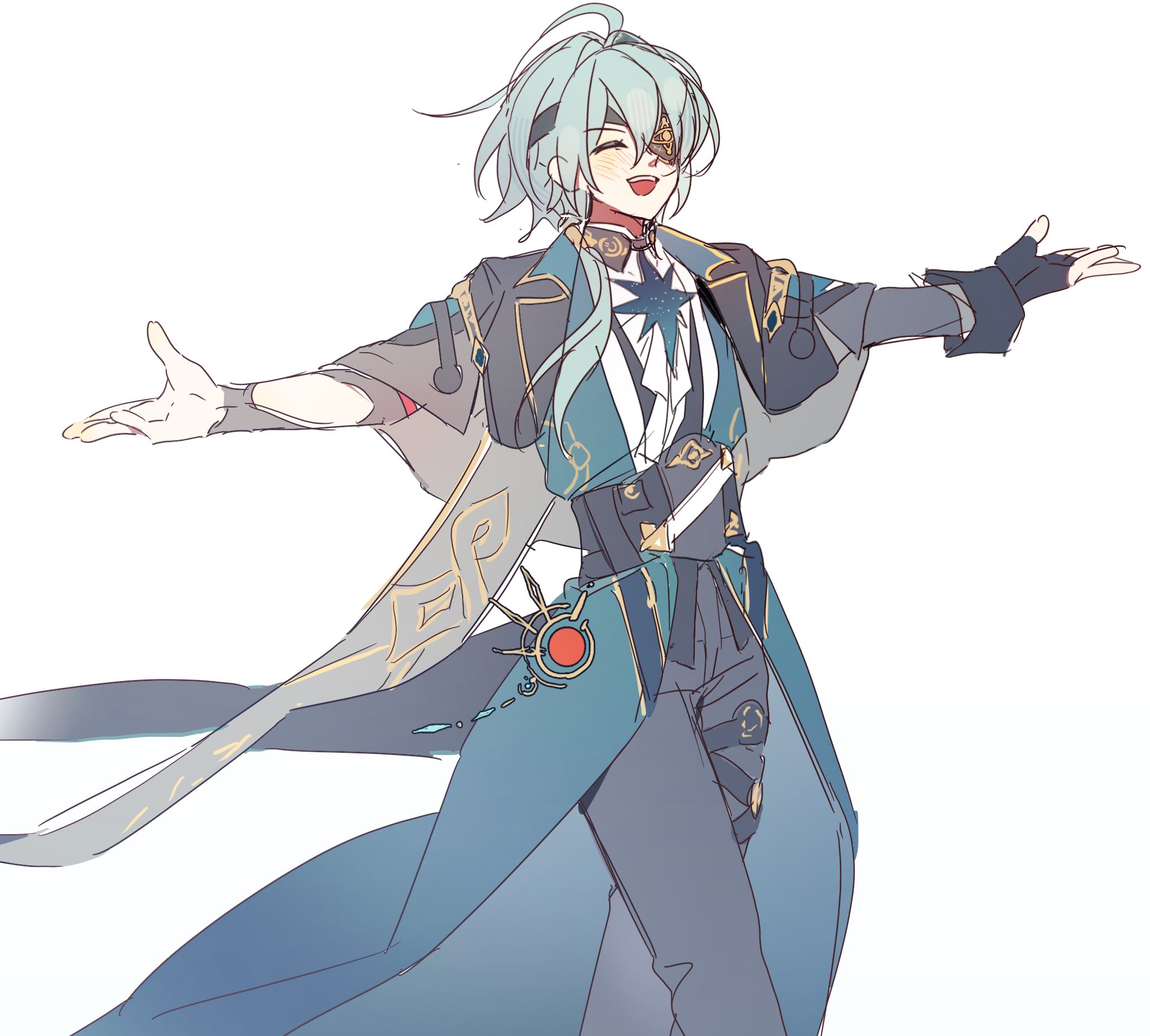 anaxa (honkai: star rail), honkai: star rail, honkai (series), highres, 1boy, aqua hair, black corset, black gloves, black jacket, black pants, closed eyes, corset, eyepatch, gloves, hair between eyes, hair intakes, hiyo hp1, jacket, lapels, laughing, male focus, mandarin collar, medium hair, notched lapels, one eye covered, open mouth, outstretched arms, pants, partially fingerless gloves, shirt, side ponytail, simple background, smile, solo, teeth, upper teeth only, white background, white shirt